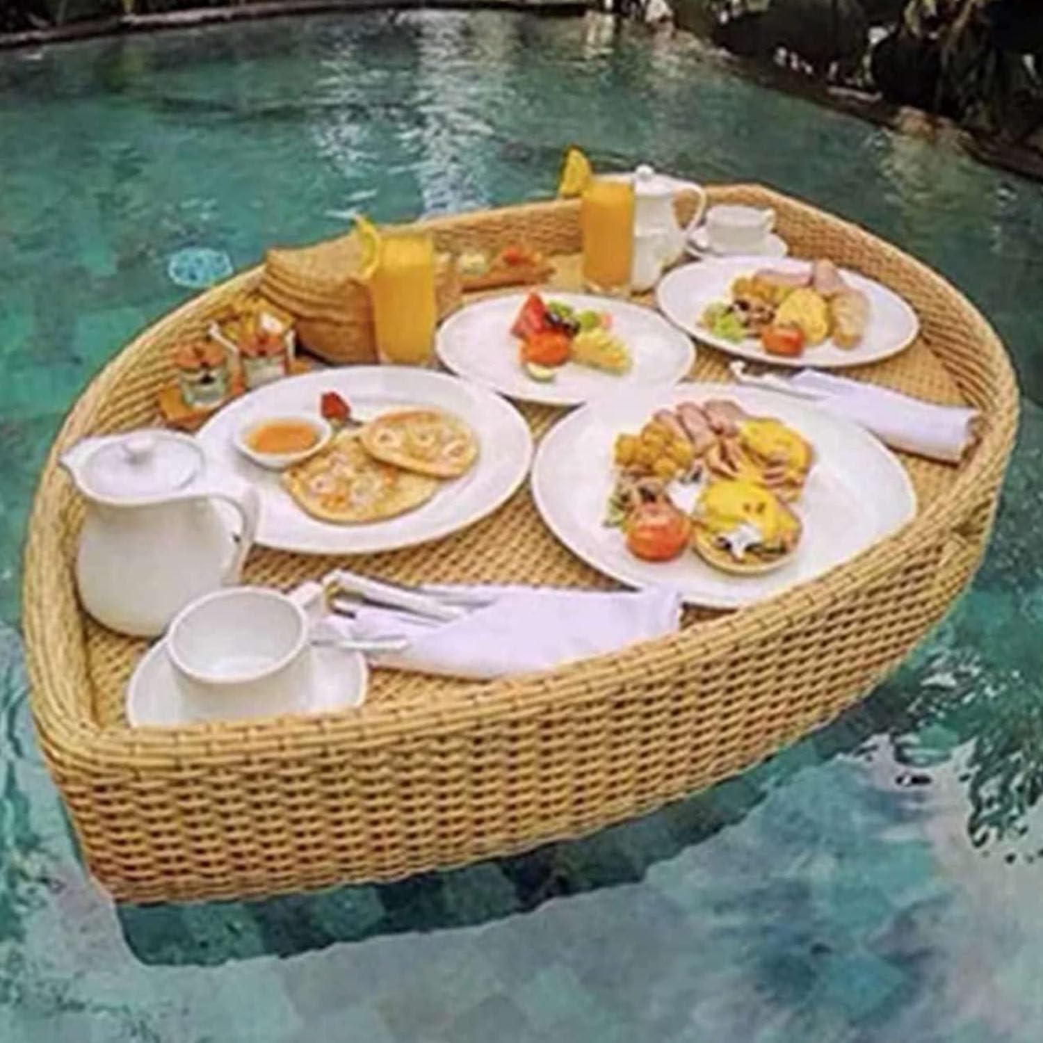 Serenepeak Apricot Swimming Pool Floating Bar, Floating Serving Trays Table Bar Rattan Woven Floating Food Tray, Pool Serving Trays(,Leafshape)