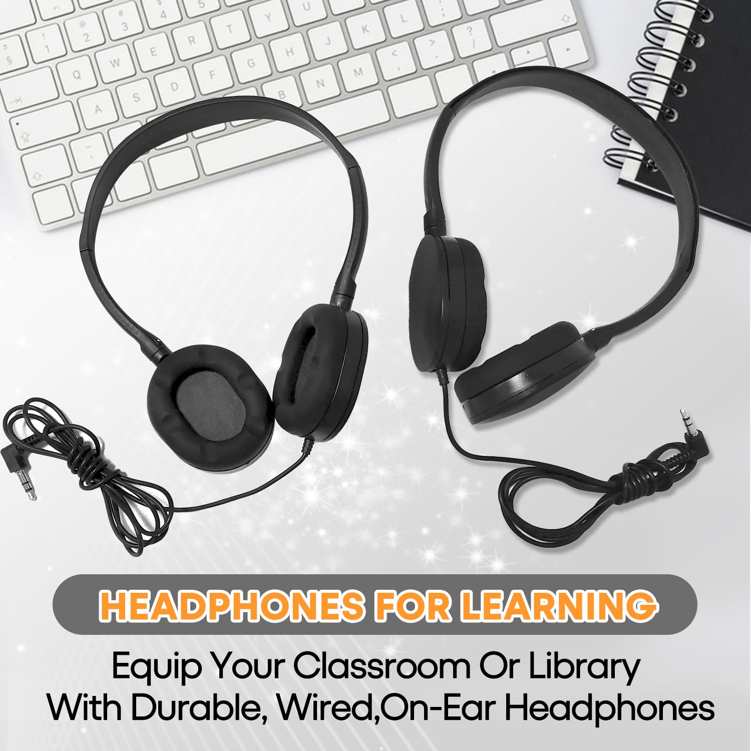 Wholeslae - Juego de 25 auriculares a granel para el aula escolar, auriculares duraderos con cable para estudiantes, niños, adolescentes, niños y adultos (HY104, negro)
