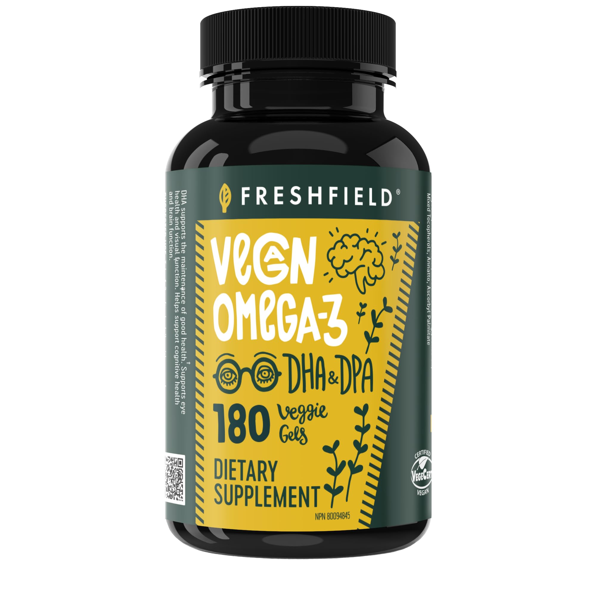 Freshfield Vegan Omega 3, Algae (Algal) Oil, Fish Oil Free Company, Third Party Tested, Carrageenan Free, DHA Supplement w/DPA, Plant Based Omega. Supports Heart, Brain, Joint Health
