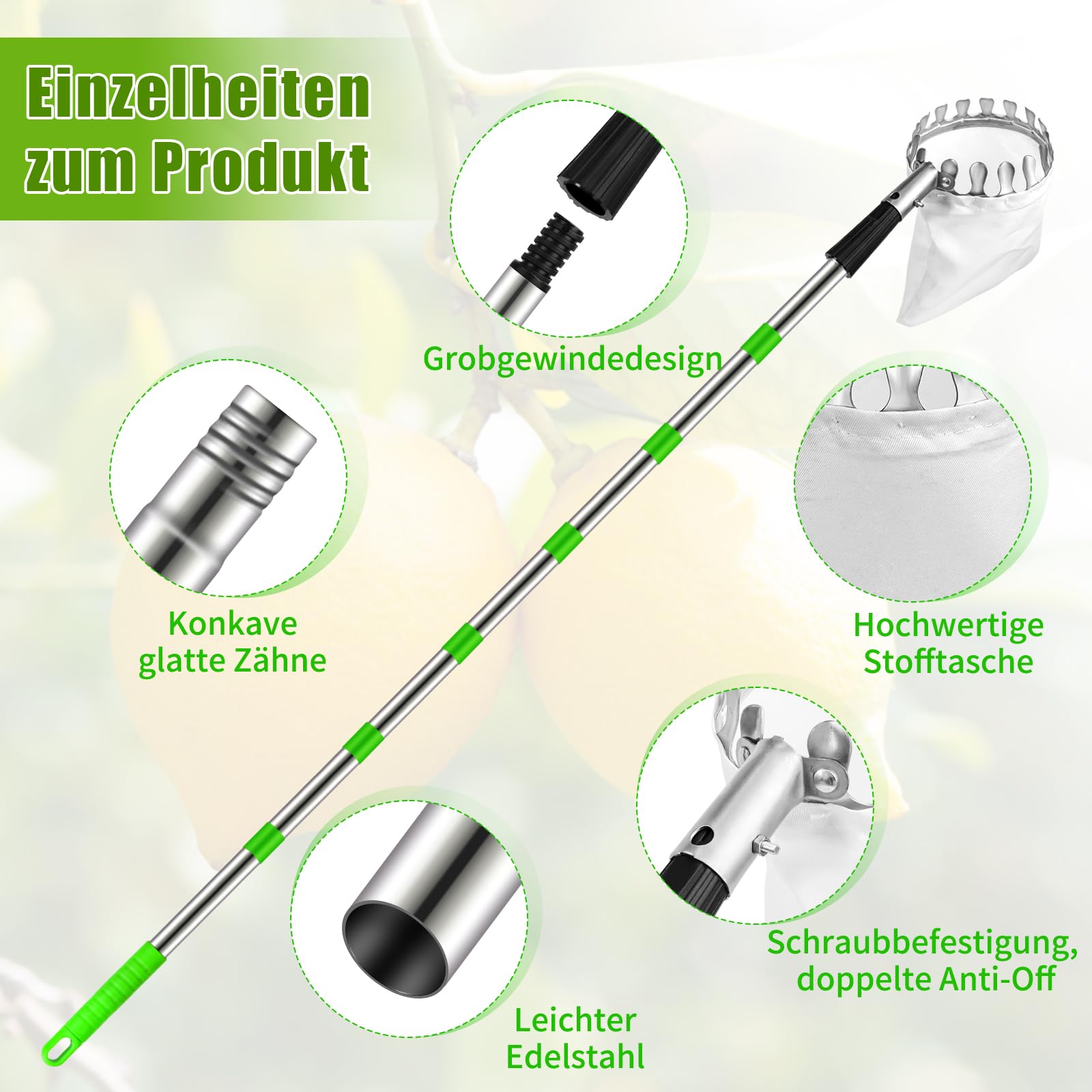 Dreamtop Zbieracz jabłek 2,8 m z trzonkiem teleskopowym, średnica 16 cm, regulowany, do wiśni, śliwek, pogrubiony woreczek, zbieracz jabłek z teleskopowym trzonkiem, stal szlachetna