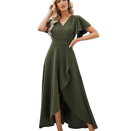 Long Black Formal Dresses for Women Gowns Evening Party Cocktail Dress,Split Elegant V Neck Wrap Ruffle Wedding Guest Dresses