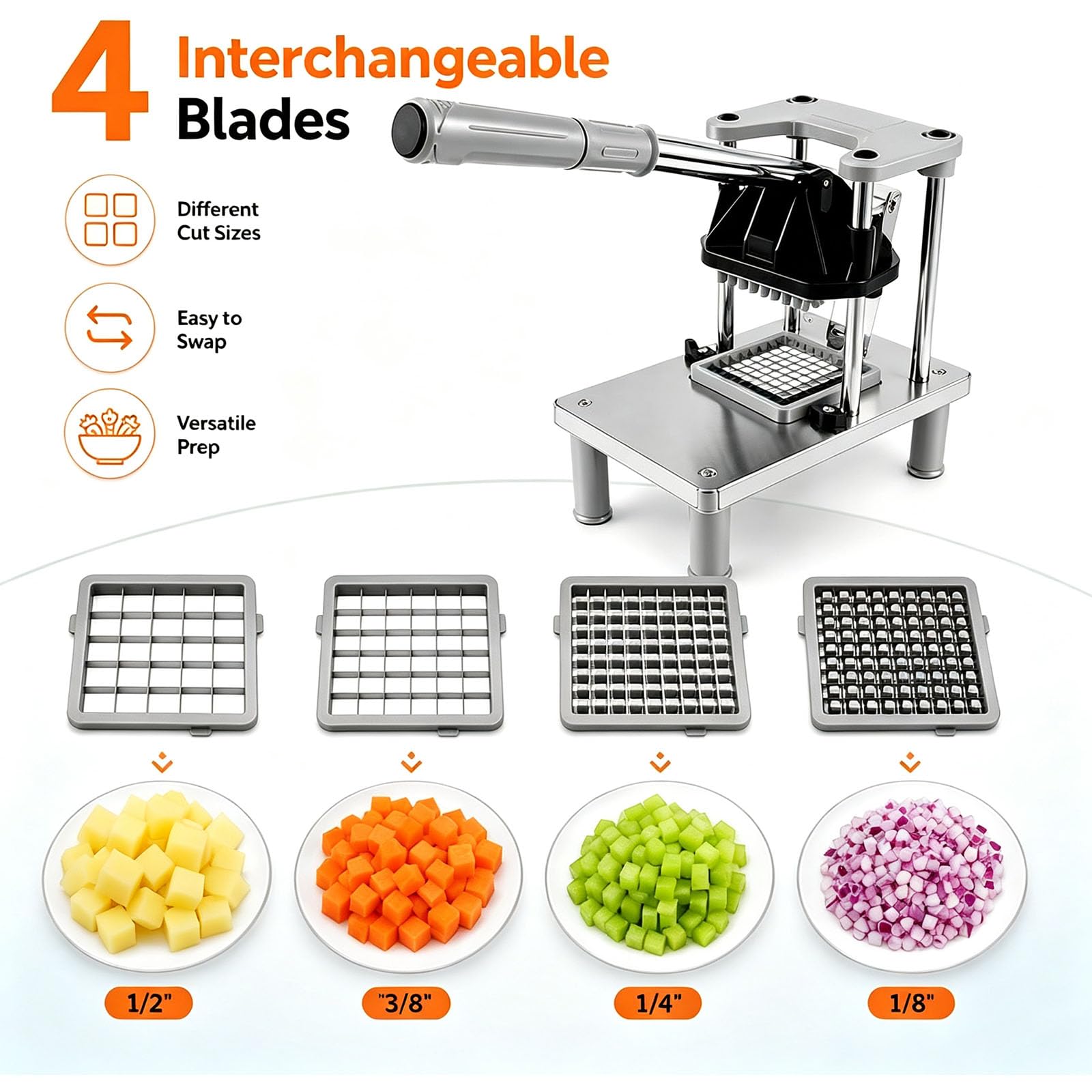 Tagliapasta Professionale per Patatine Fritte con 4 Lame | Tritatutto per verdure resistente, in acciaio inossidabile, per cipolle, carote, limone e patatine fritte