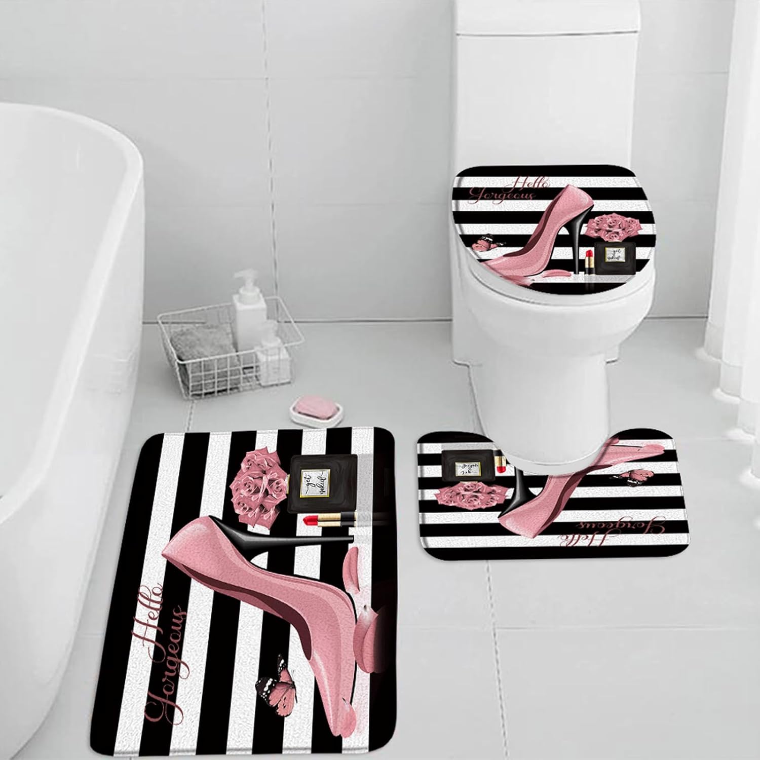 3 Pieces Set Black White Geometric Bath Mat Hello Gorgeous Makeup Pink High Heel Perfume Bottle Lipstick Rose Flower Fashion Woman Girls Bathroom Rugs Toilet Lid Cover Pedestal Rug U-Shaped Carpet