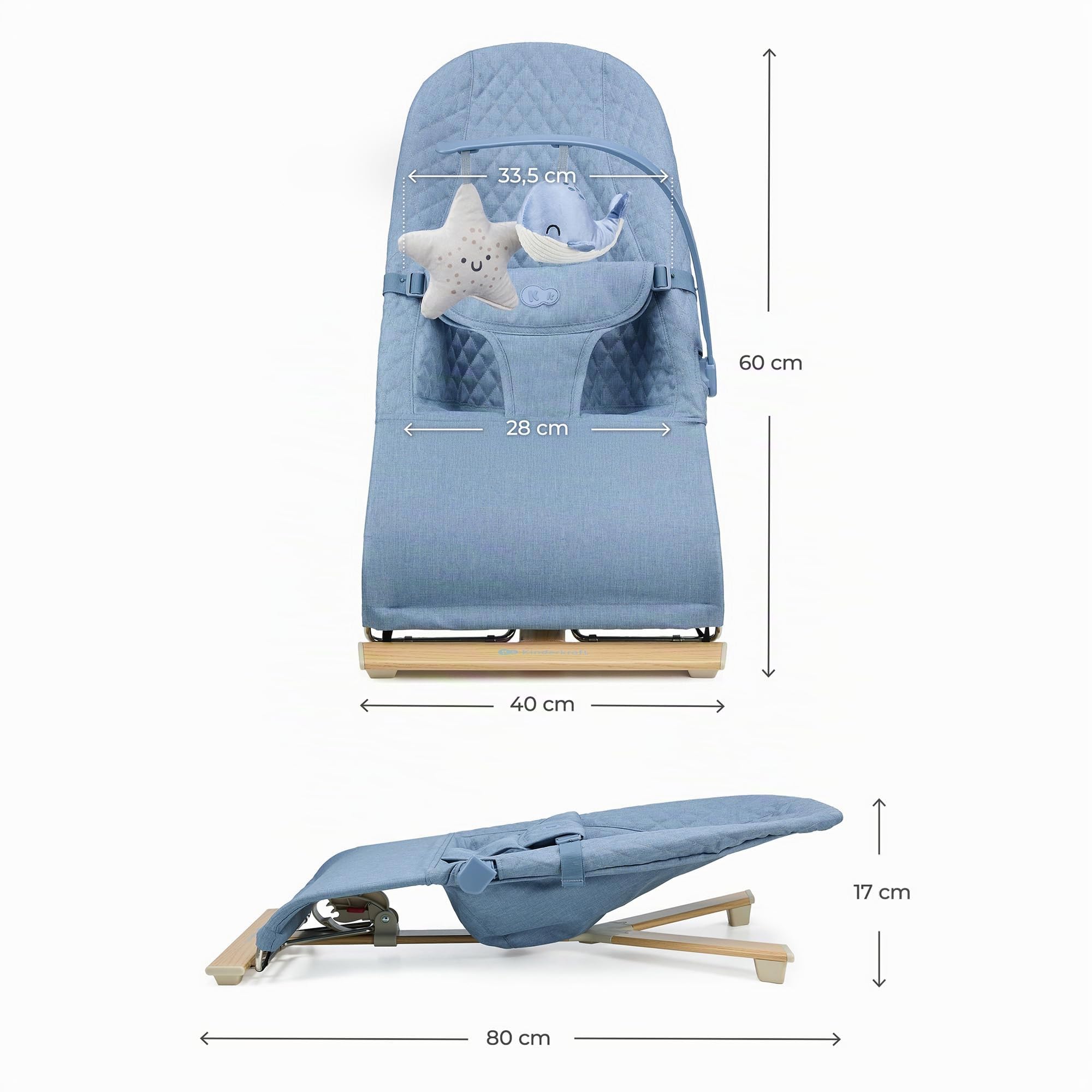 Kinderkraft MIMI NORDIC BREEZE Babywippe, Spielbügel mit 2 Spielzeuge, verstellbare Rückenlehne, Weiches Material, Minimalistische Skandinavisches Design, Zusammenklappbar, Blue