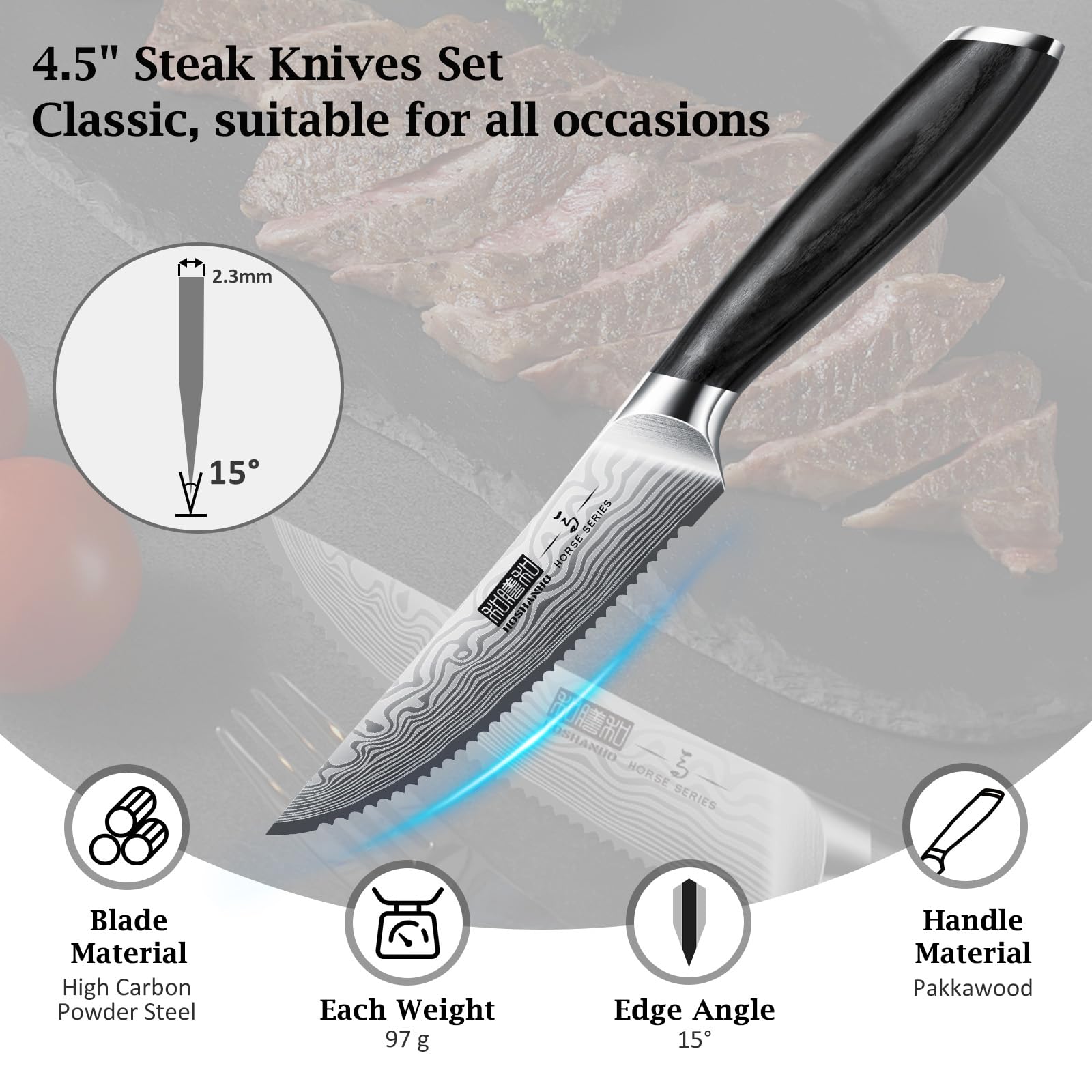 HOSHANHO 6-Teilig Steakmesser-Set, 11,5 cm Steakmesser Set mit Japanischer Wellenschliffklinge, Ultrascharfes Steakmesser aus Pulverisiertem Kohlenstoffstahl mit Pakkaholzgriff