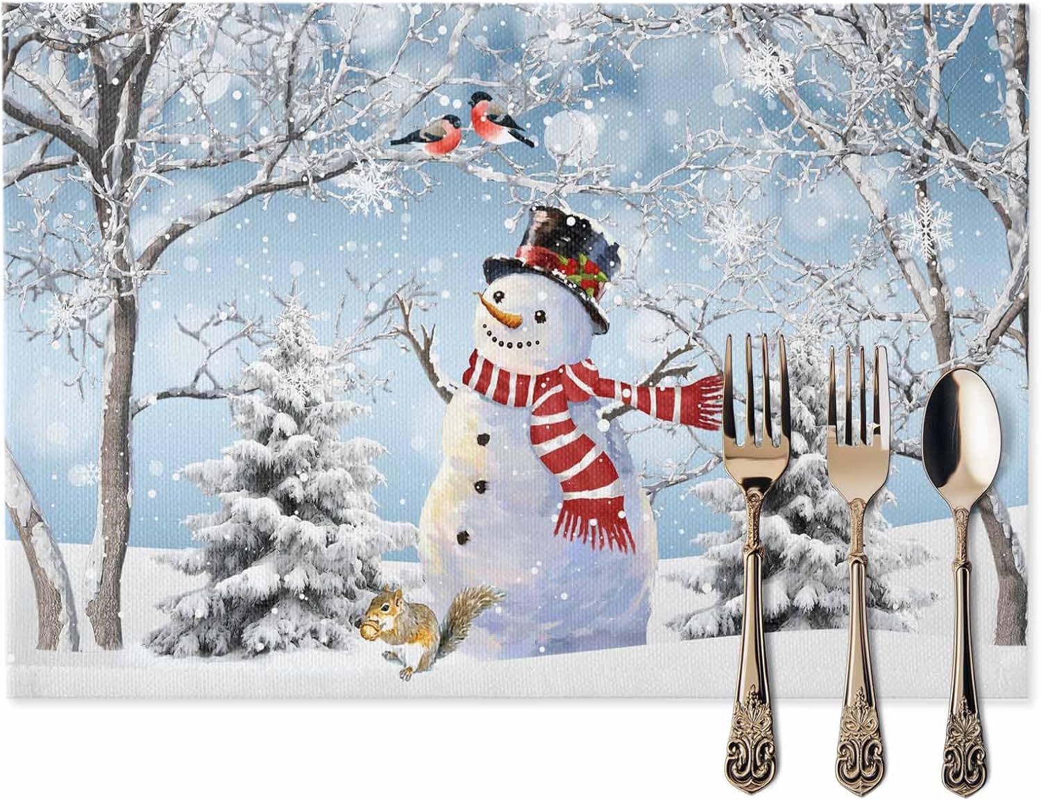 Gradient Christmas Winter Placemats Set of 4, Washable Cotton Linen Table Mats for Kitchen Dining Table, Heat Insulation Place Mats for Indoor Outdoor Parties, Holiday Decorations
