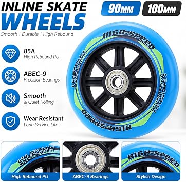 8 Pack Inline Skate Wheels 90mm 100mm 85A Inline Replacement Skate Wheels with ABEC-9 Bearings Smooth Quiet Wear Resistant for Speed Skating, Recreational Indoor Outdoor (Black,90mm)