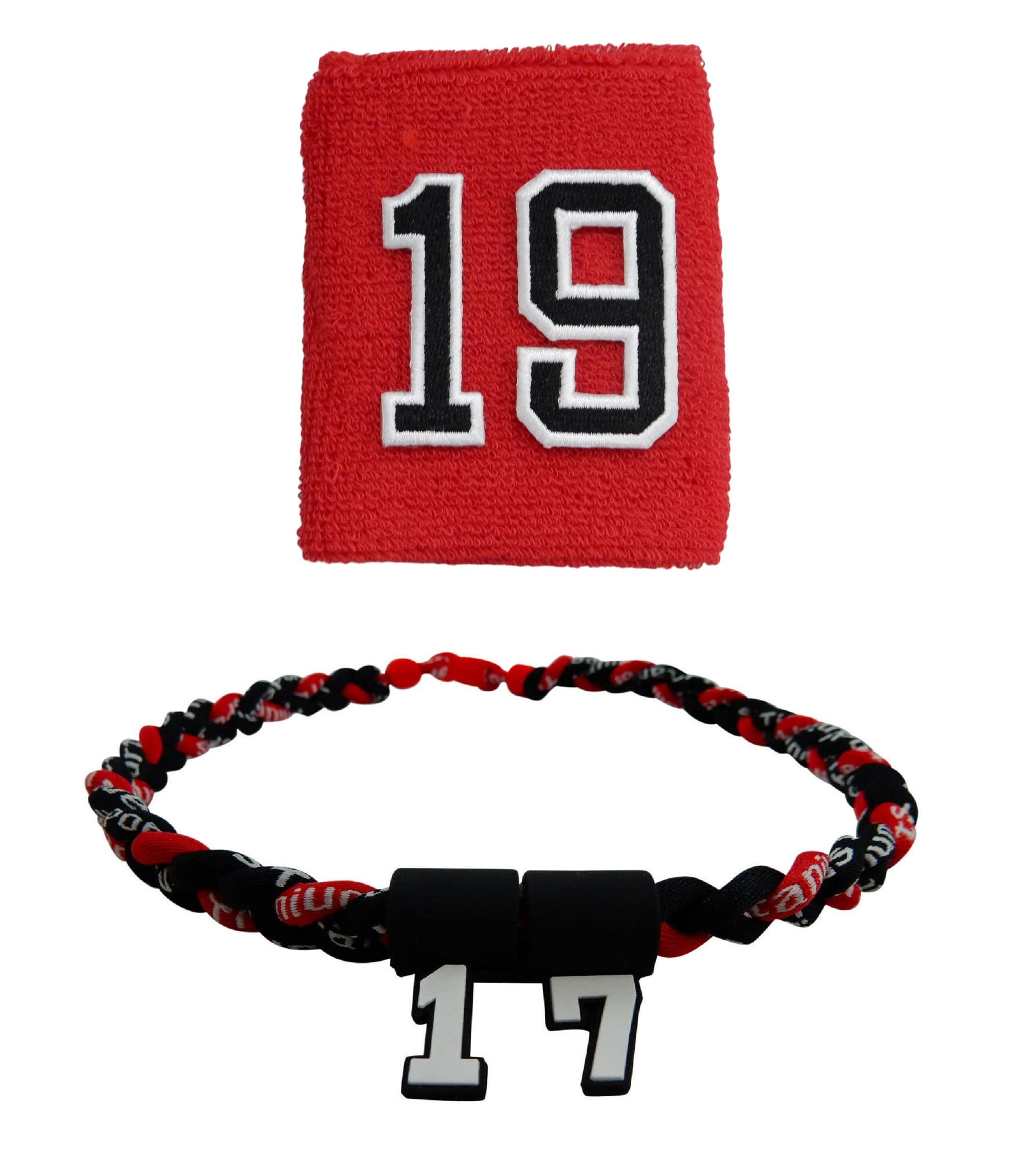 Sports Farm - Customized Sport Wristband and Necklace Combo Set with Jersey Number - Red (Red Black)