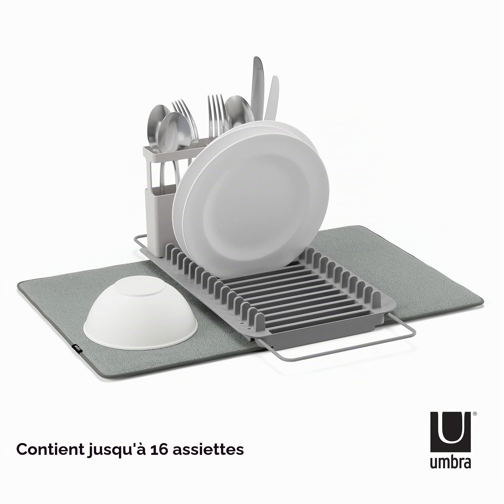 UMBRA Udry Égouttoir à vaisselle et tapis d'égouttement en microfibre pliable, peu encombrant et facile à ranger, anthracite, 51 x 57 x 17 cm