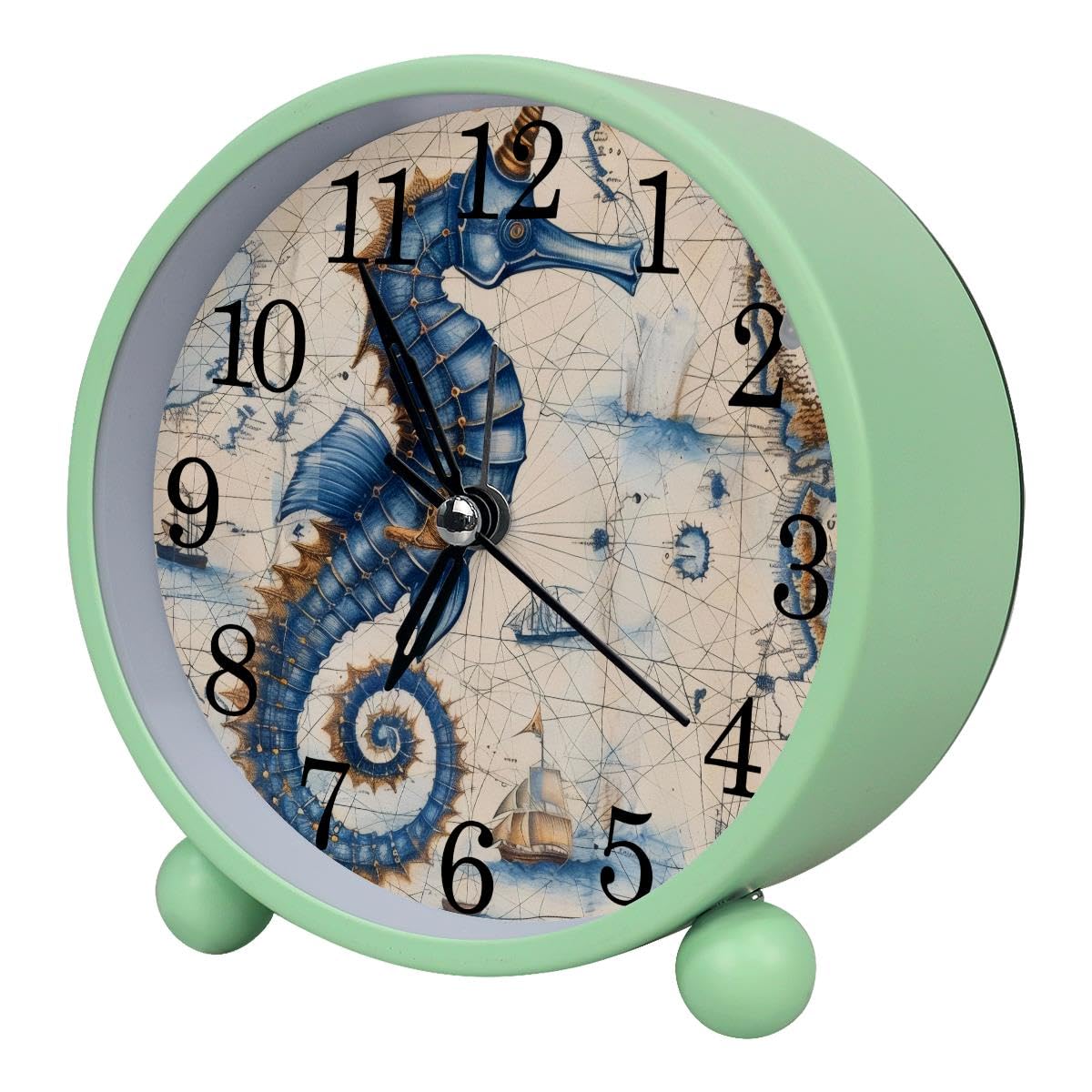 Alarm Clock Blue Seahorse Nautical Map, Silent Non-Ticking with Night Light