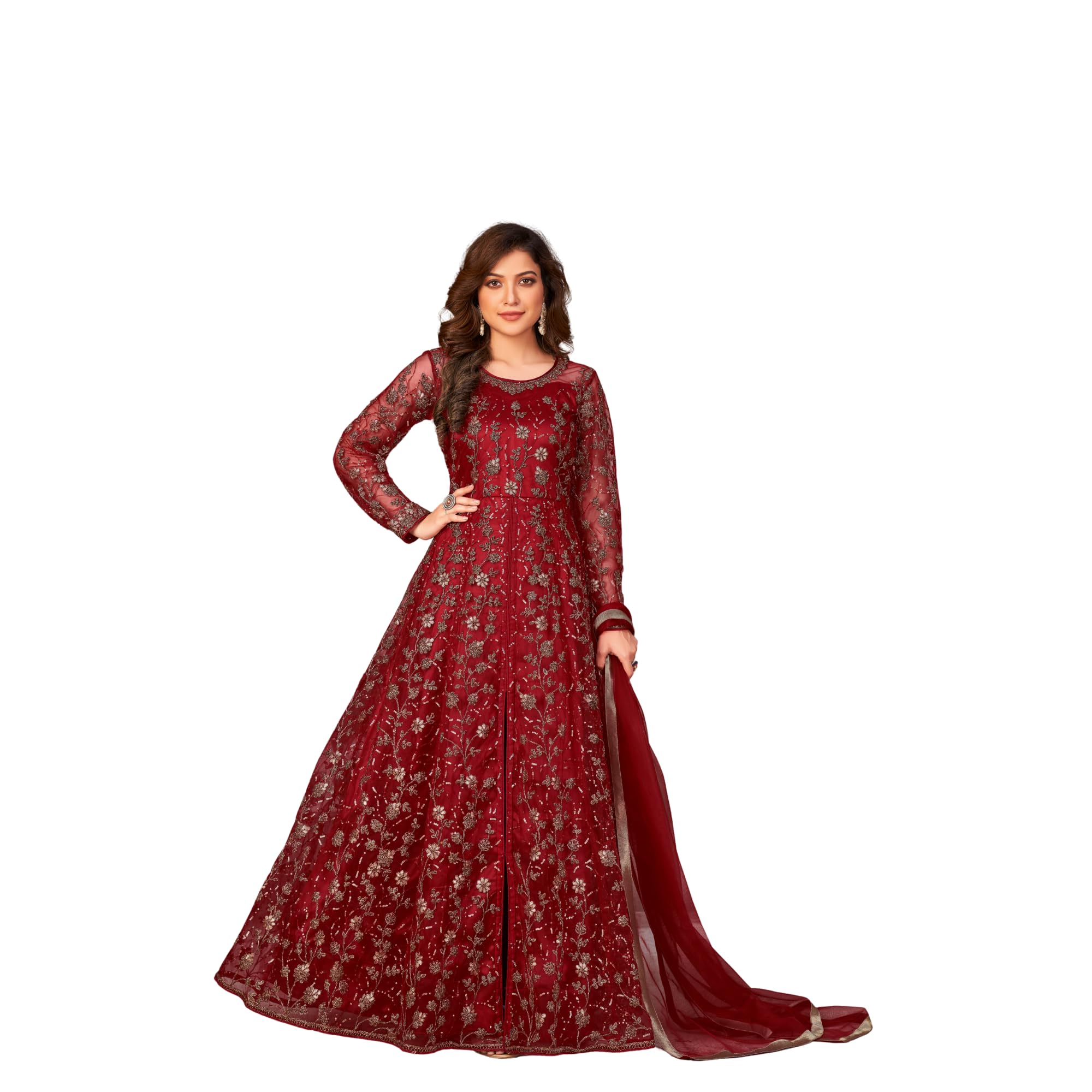 Damska miękka siatka wytłoczona Anarkali Gown with Dupatta | Elegancka świąteczna & Party Wear Ethnic Dress