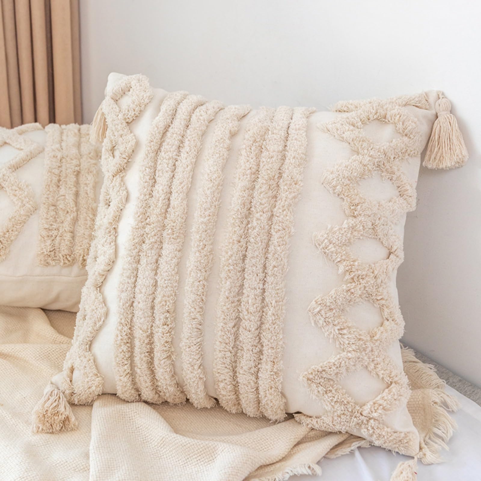 Housse de coussin bleu beige 45x45 cm déco salon chambre bohème pompon