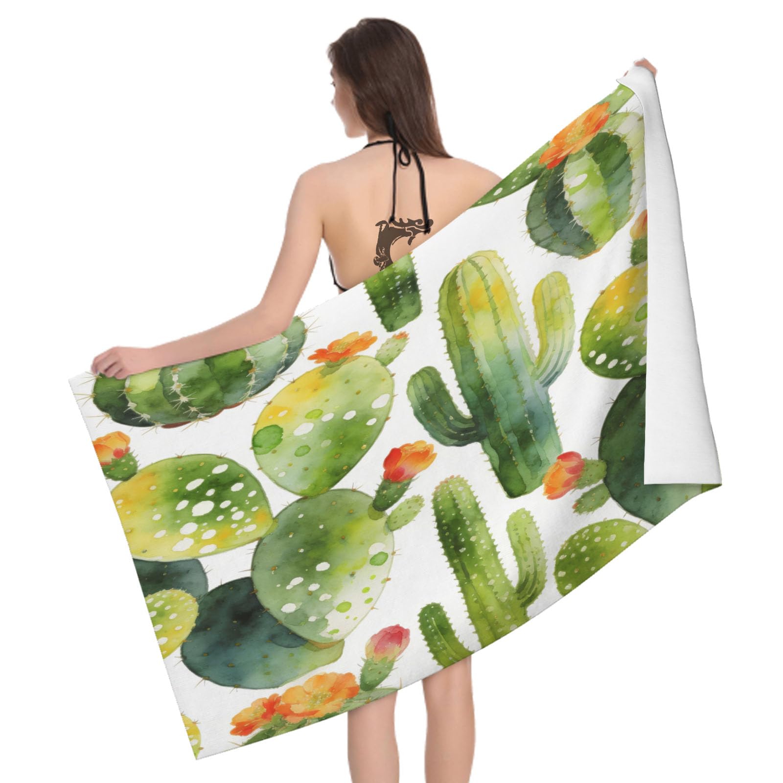 Leichong 3D Watercolor Cactus Beach Towel Large Microfiber Soft Quick Dry for Adults, Cartoon Bath Towel Lightweight Soft Absorbent for Travel Swimming Pool Sports, 80 x 160 cm