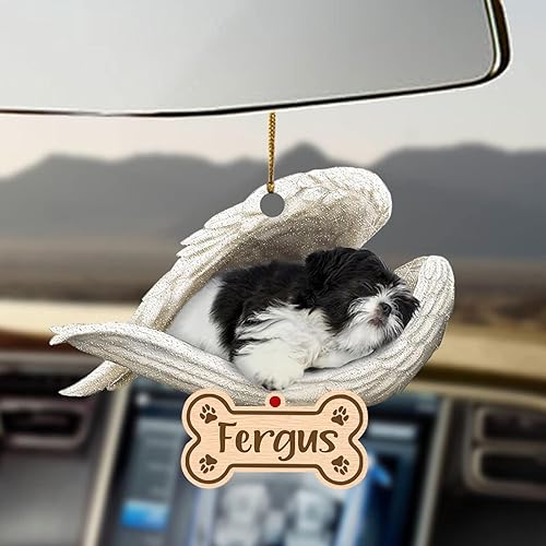 Adorno de coche de ángel durmiente Shih Tzu en blanco y negro, acrílico 2D personalizado conmemorativo para perro, regalo de recuerdo de
