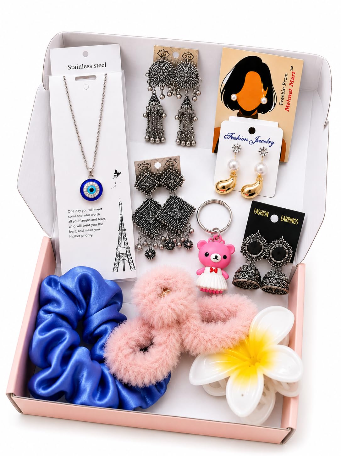 Stylish Girls Accessories Gift Hamper Combo Box | Earrings, Necklace, Scrunchie, Hair Band, Keychain & Fashion Accessories Set for Women & Girls(random colors & design)-image-22