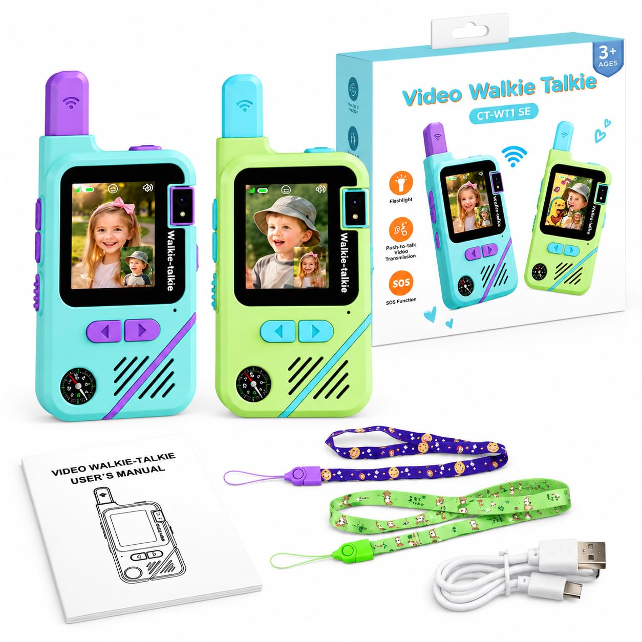 FHYRGF Video Walkie Talkies for Kids, 2 Pack with 2.0" IPS Screen, 180° Flip Camera, 400M Outdoor Range, Rechargeable Two Way Radios with Voice Changer, Flashlight, SOS & Compass, Ages 3+
