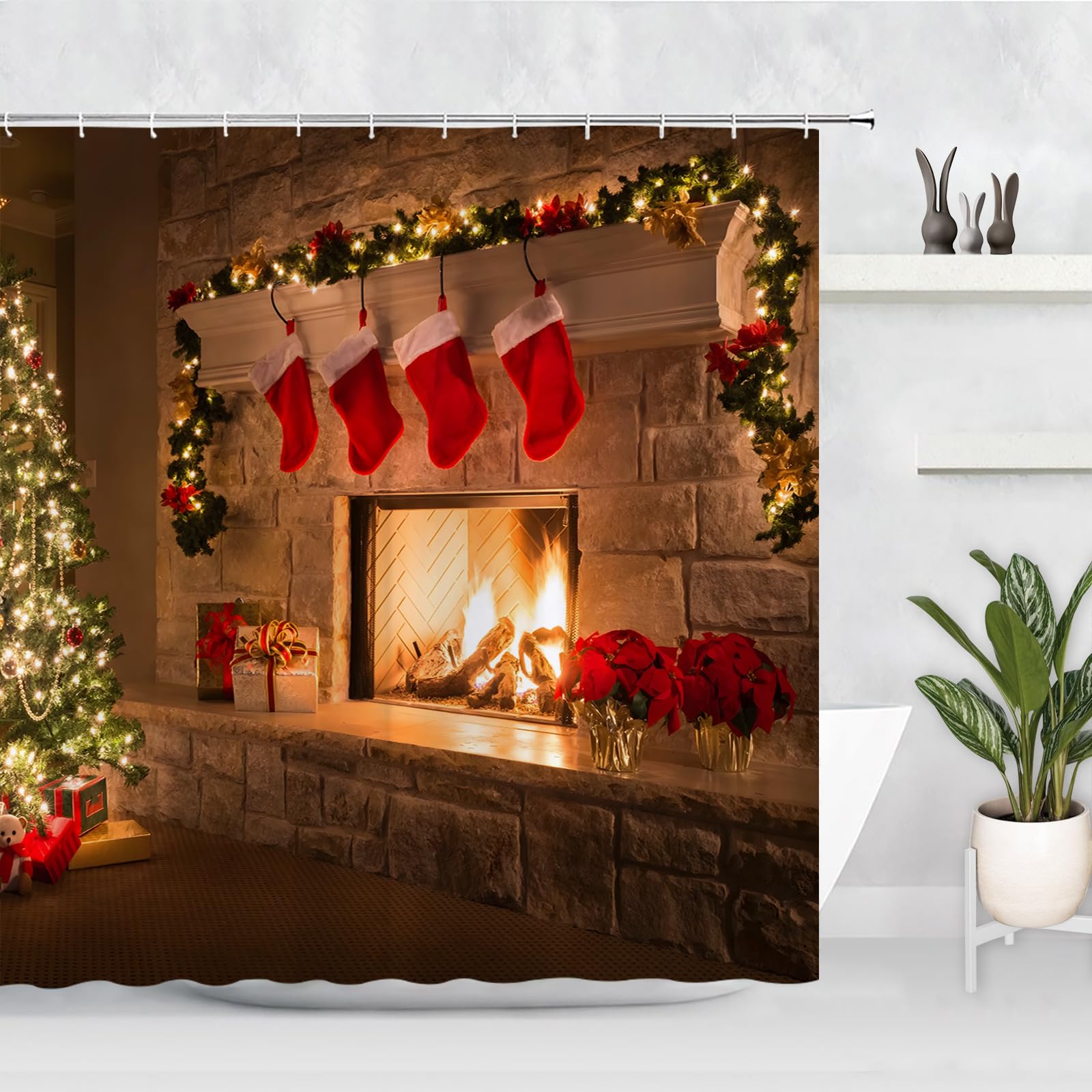 Gaakvrr Christmas Fireplace Winter Interior Xmas Tree Stockings Home Shower Curtain for Bathroom Decor Machine Washable 180x180cm