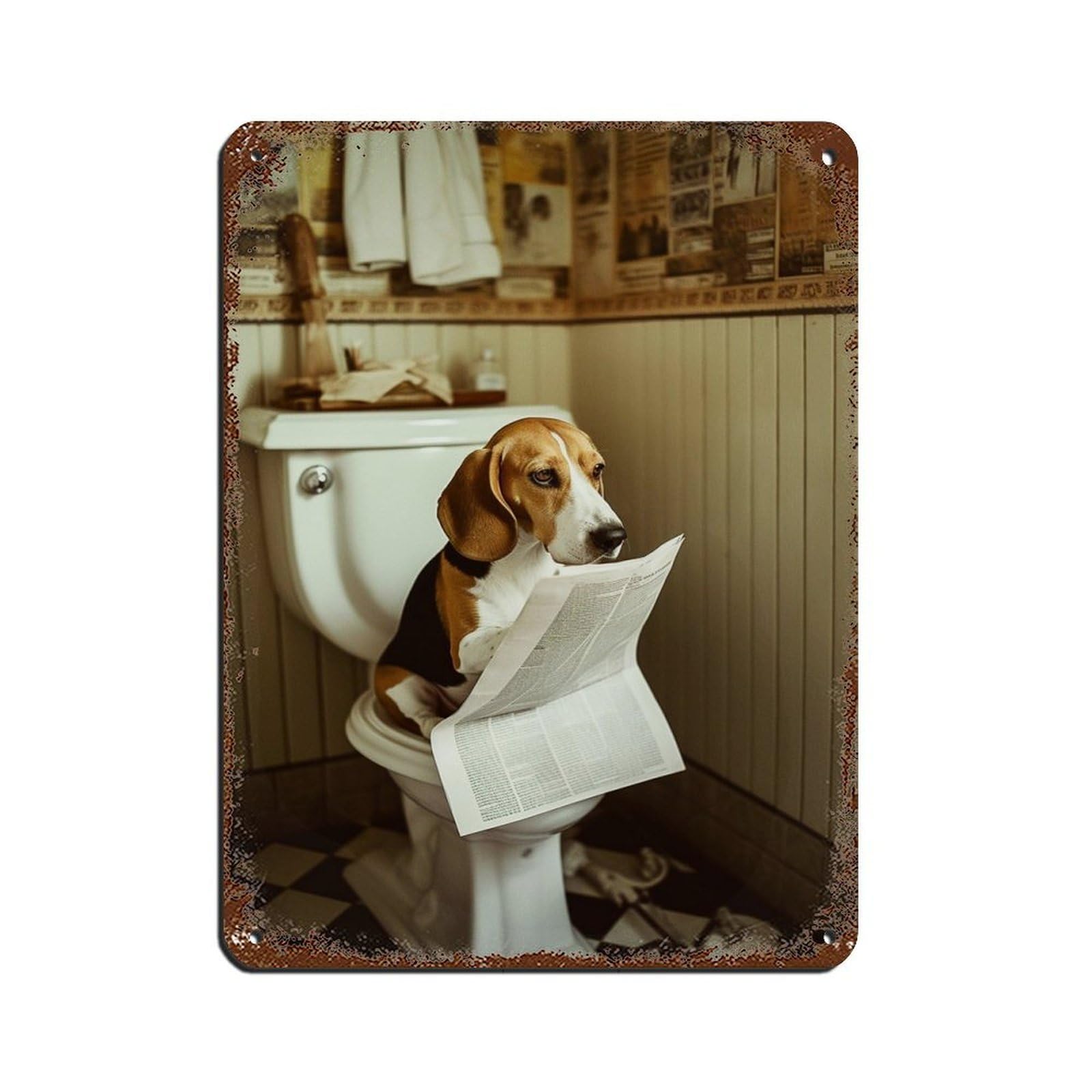 Beagle on Toilet Reading The Newspaper Retro Poster Metal Tin Sign Chic Art Retro Iron Painting Bar People Cave Cafe Family Garage Poster Wall Decoration 12x16inch(30x40cm)