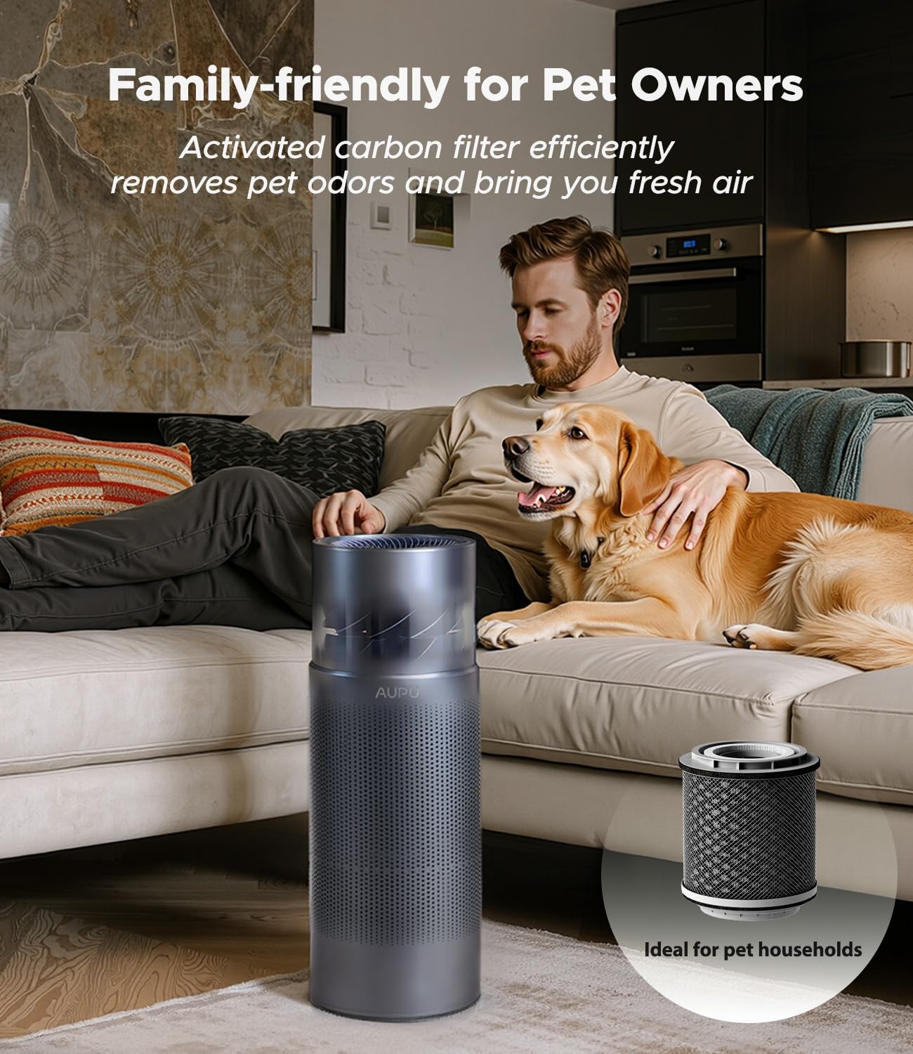 AUPU Purificador de aire 2 en 1 y humidificador evaporativo – Certificado de seguridad, 5 niveles de soplado, recarga superior y gran volumen de depósito de agua, filtro HEPA verdadero para mascotas