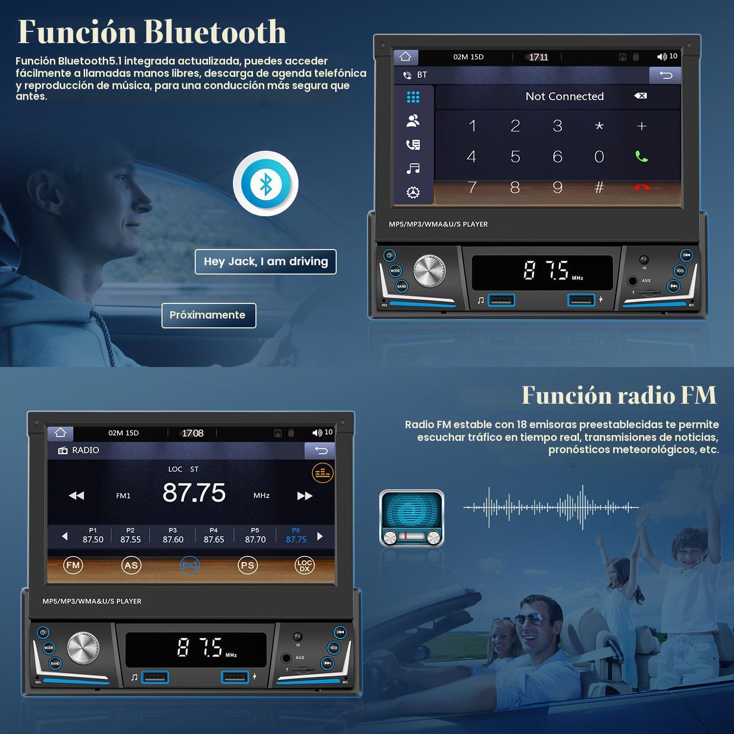 Hikity 7" 1 DIN CarPlay Radio Coche con Bluetooth FM Cámara Trasera | Pantalla Táctil Android Auto Wireless CarPlay EQ Control del Volante Manos Libres USB AUX Tarjeta TF