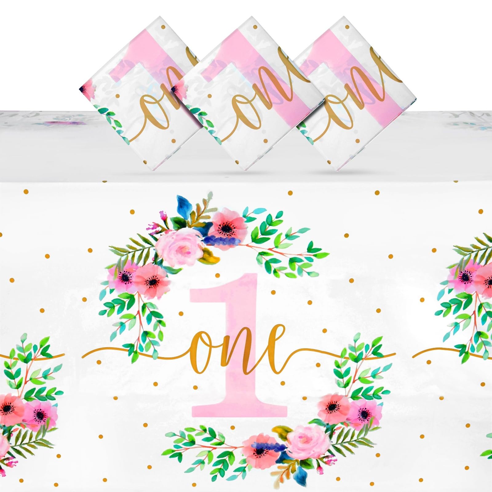 BLUE PANDA 3 Pack Floral Plastic Tablecloth for Baby Girl's 1st Birthday Party Supplies (54 x 108 in)