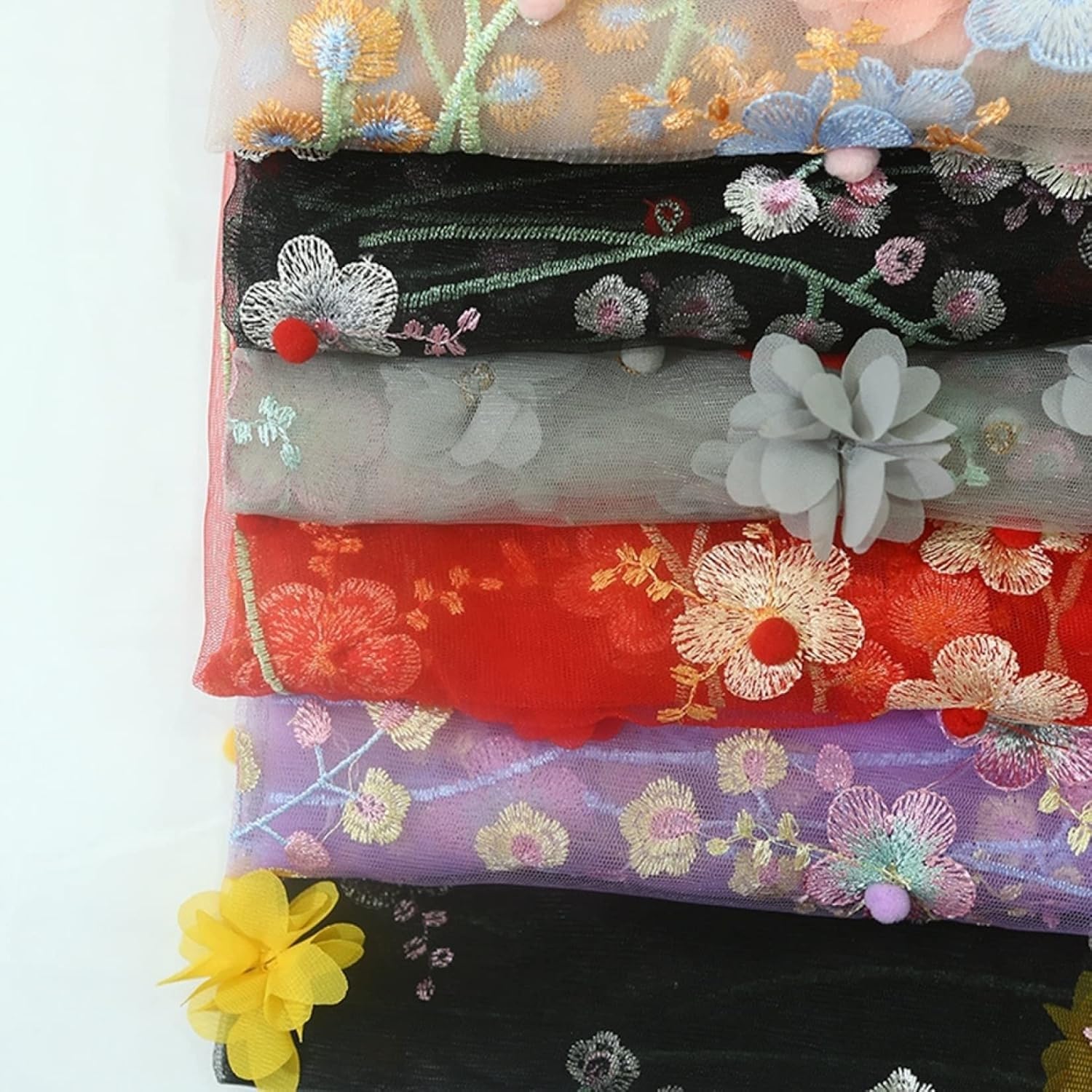 Tkanina z koronką haftowaną i organzą, Koronkowa tkanina Organza 3D Kwiatowy haft Tiulowy Wielokolorowy 2m 55in