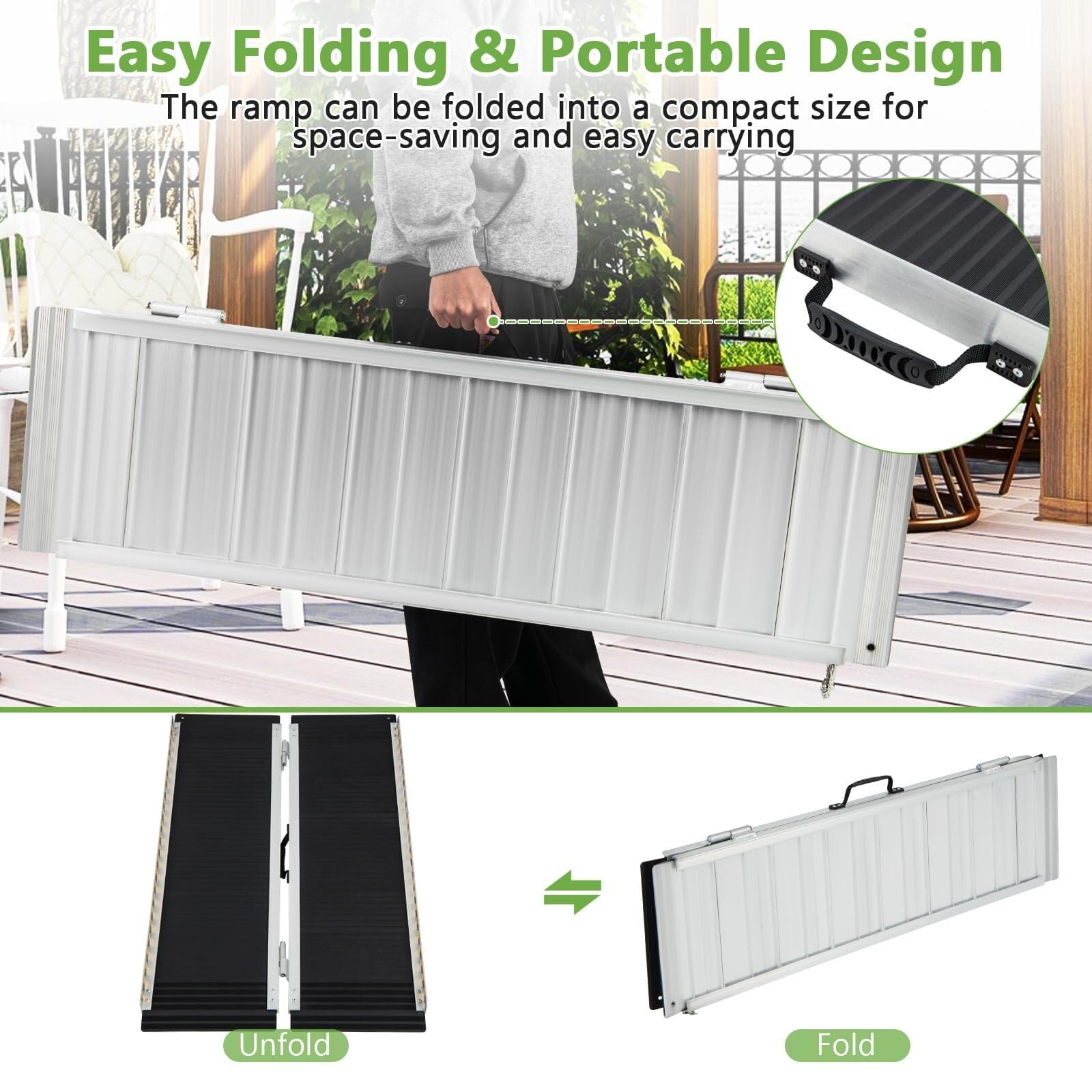 Rampa plegable portátil de aluminio para silla de ruedas con placa de transición y calcomanías reflectantes, umbral antideslizante para escalones y escaleras del hogar, capacidad de 272 kg