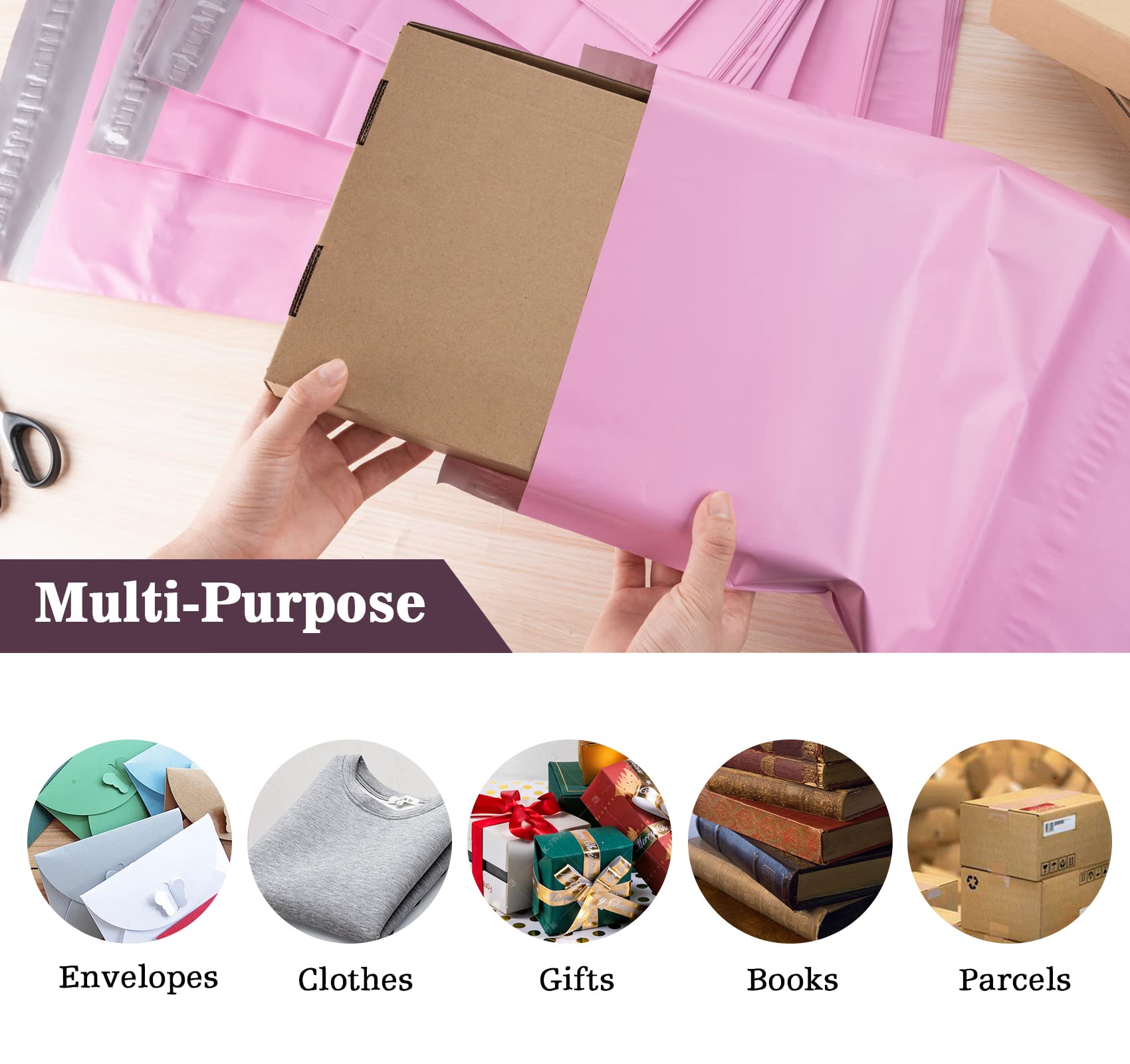 Anstore 120 bolsas de correo, tamaño mixto, bolsas postales de correo mate, autoadhesivas de plástico, 6 tamaños de bolsas de franqueo, sobres de polietileno para publicar ropa, libros y cajas (rosa)
