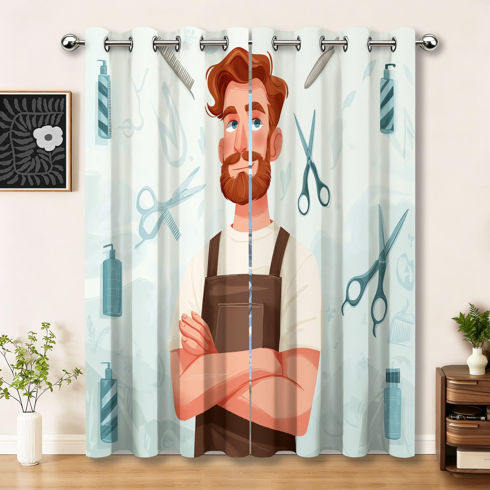 Generisch Cartoon Modern Barber Gardinen Blickdicht - Ideale Länge H215 x B100 cm (2er Pack) ohne Bodenkontakt, Helle Farbe Verdunklungsvorhänge mit Ösen, Thermo & Sichtschutz für Wohnzimmer