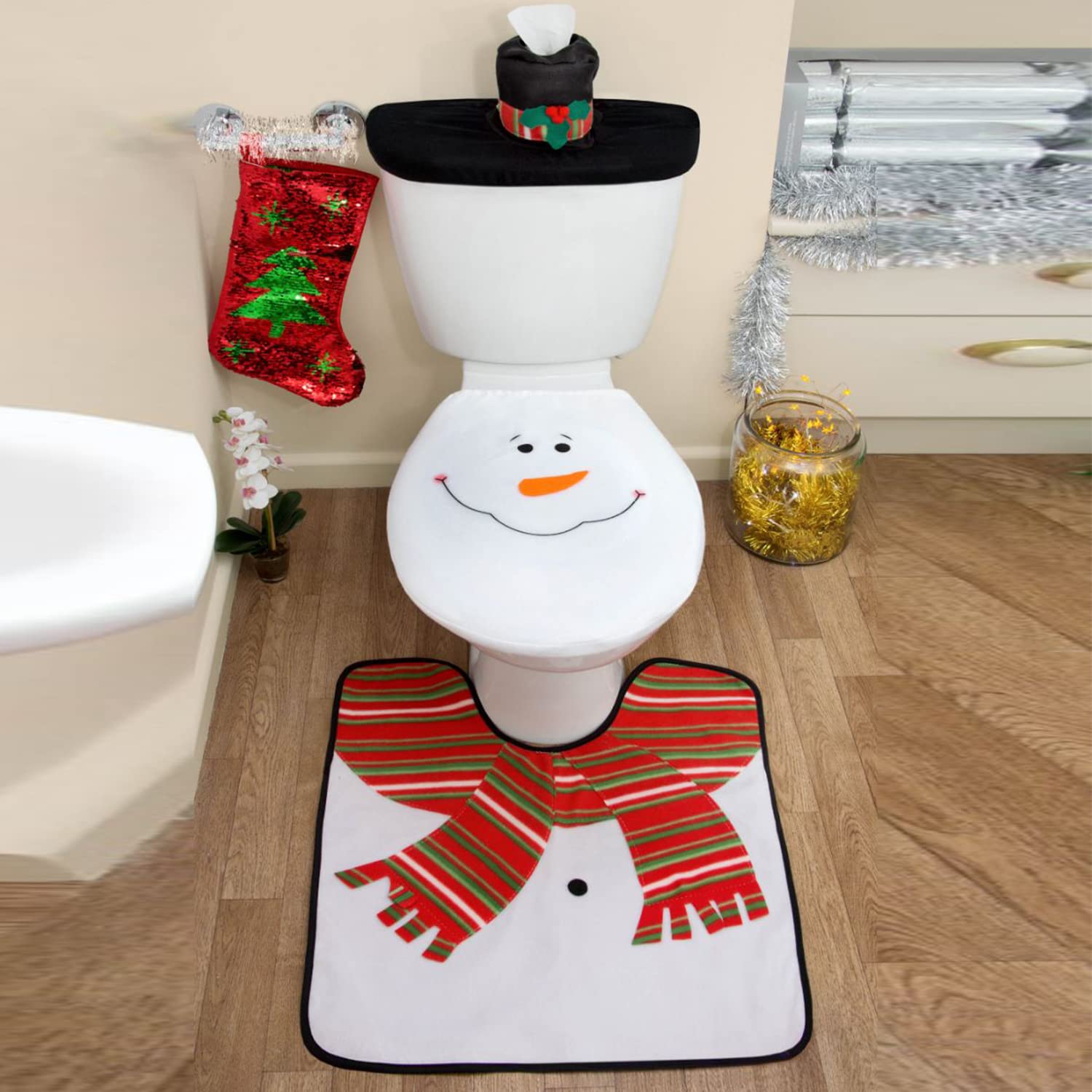 Lot De 3 Housses WC Et Tapis De Bain Noël – Motifs Père Noël Et Bonhomme De Neige – Polyester Doux Antidérapant