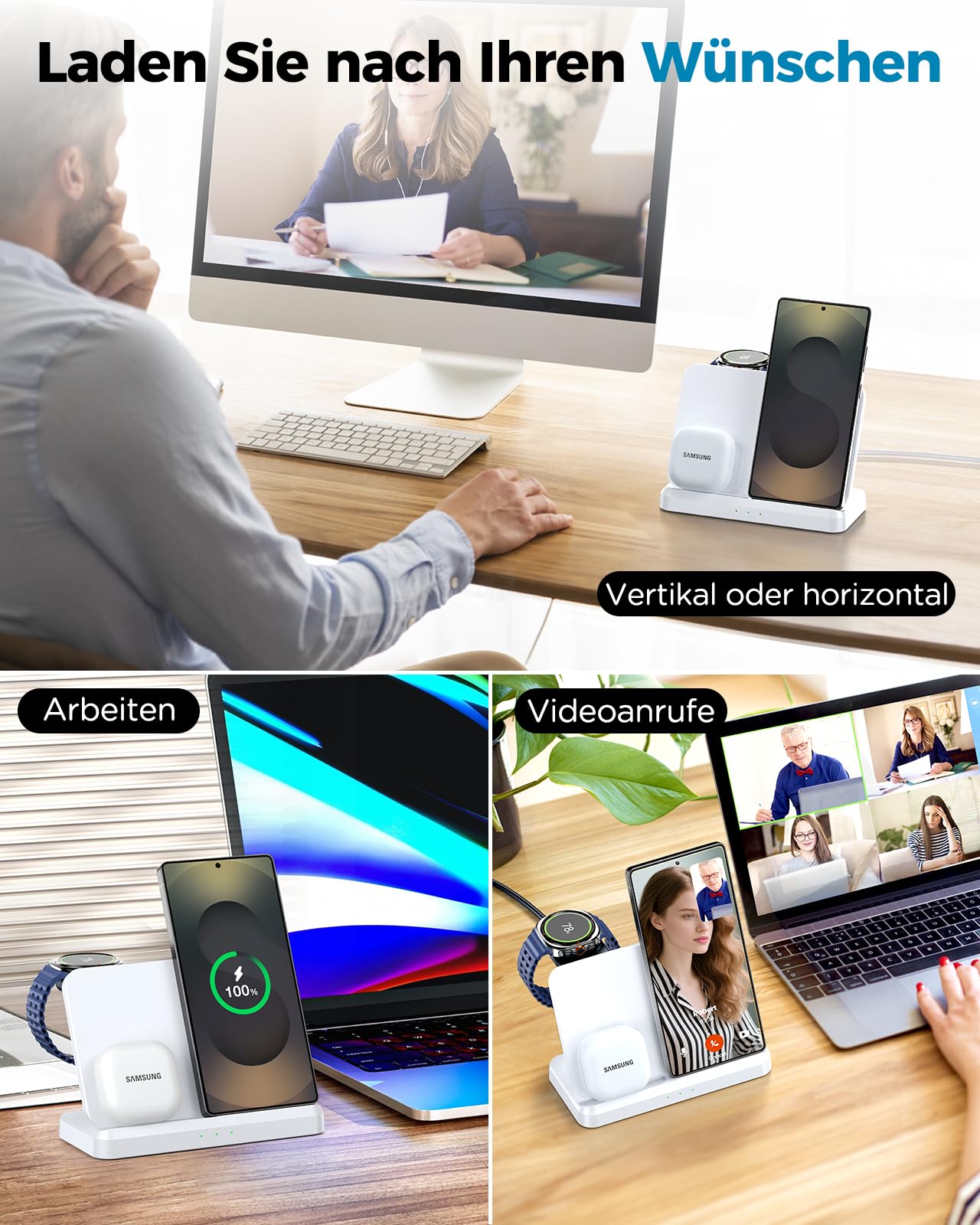 EGV Indukcyjna stacja ładująca do Samsung – bezprzewodowa ładowarka 3 w 1, kompatybilna z Galaxy S26 Ultra/S25/S24, Z Fold/Flip 7/6, Buds, zdejmowana ładowarka do Galaxy Watch Ultra/8/7, bez adaptera