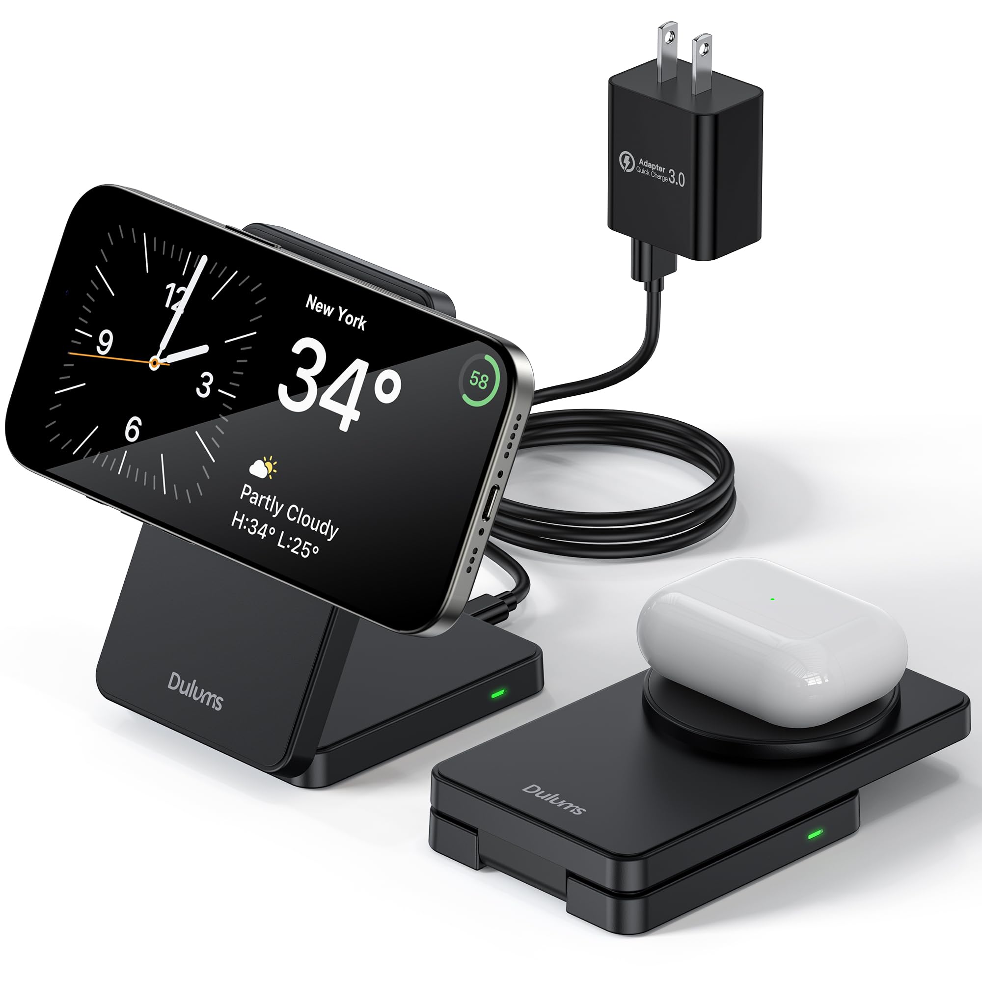 Folding Wireless Charging Stand, Magnetic 15W Fast Charging Station Mag-Safe Travel Lightweight Charger Compatible for iPhone 16/16 Pro/16 Pro Max/16 Plus/15/14/13/12 Series, AirPods 4/3