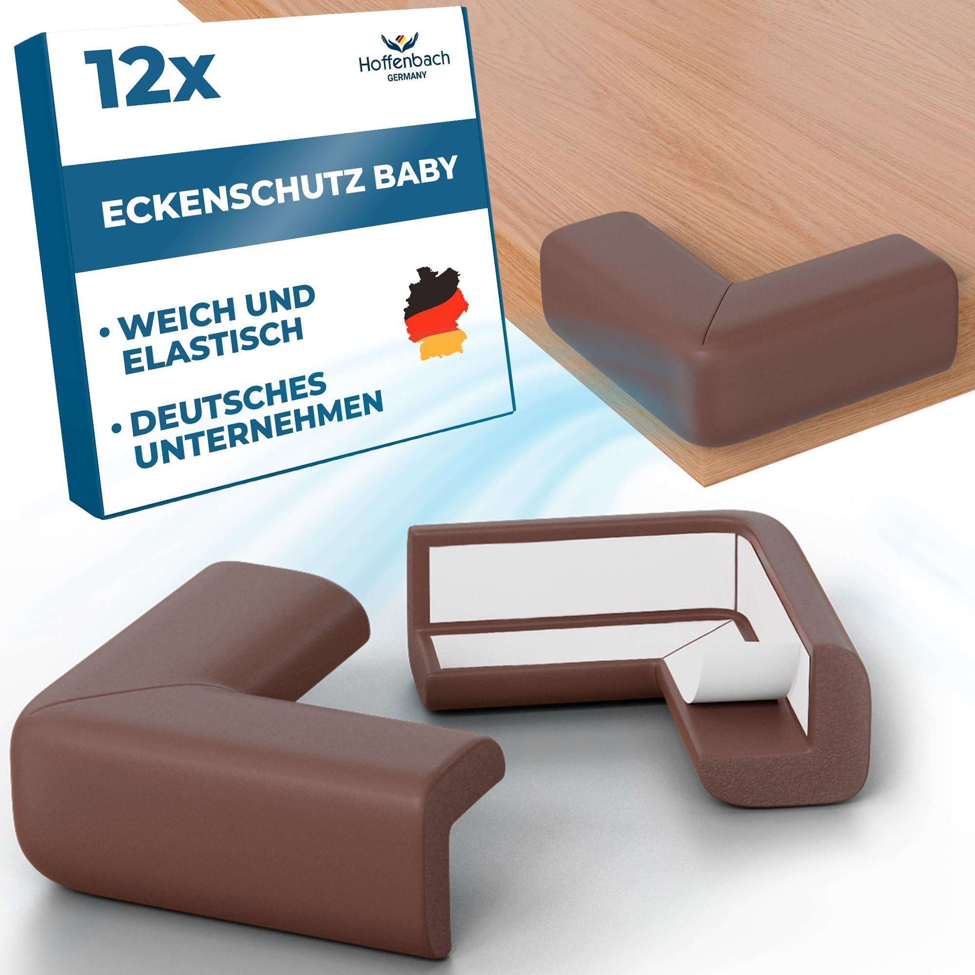 Hoffenbach 12x Eckenschutz Kantenschutz Baby – Selbstklebender Tischkantenschutz – Stoßschutz für Babys & Kinder – Weicher Schaumstoff Eckschutz für Tisch, Möbel & Ecken – Corner Protector – Braun