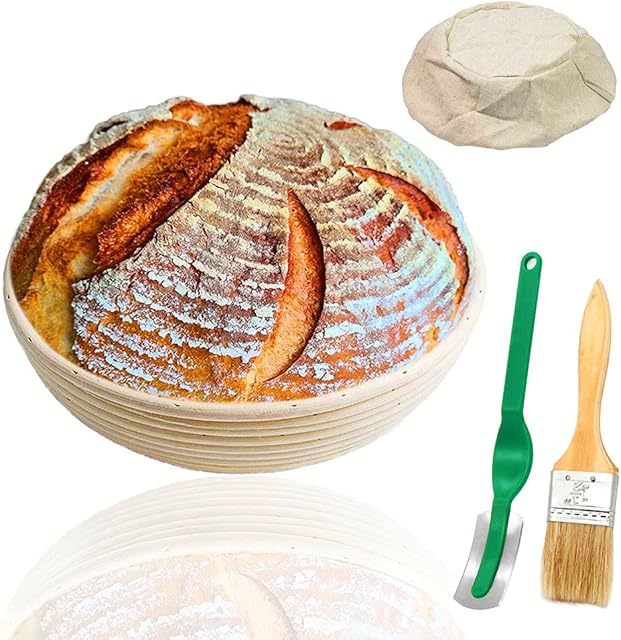 YOCZOX Round Bread Proofing Basket 10 inch Large Banneton Proving Basket Natural Rattan Sourdough Proving Basket for Professional Home Bakers 25cm (with Cloth Liner, Bread Lame, and Brush)