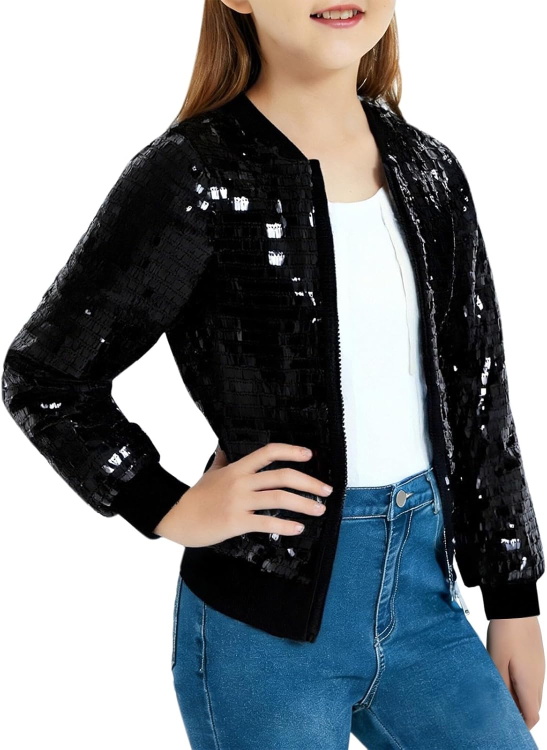 Girls Sparkly Sequin Jackets Cropped Jazz Street Jacket Formal Shiny Tops Hip Hop Coats Zip Up Sweatshirt Skateboard Outwear