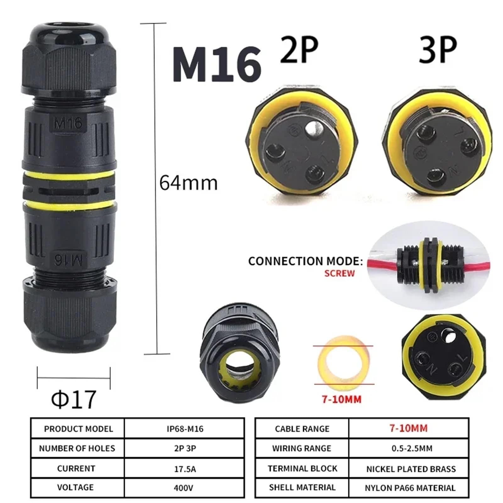 Kabelverbinder für den Außenbereich, wasserdicht, IP68, M16, M20, M25, für Kabelbereich Ø 3,5 – 14 mm, 2 Wege (M16 7-10 mm, 10 Sets, 3P)