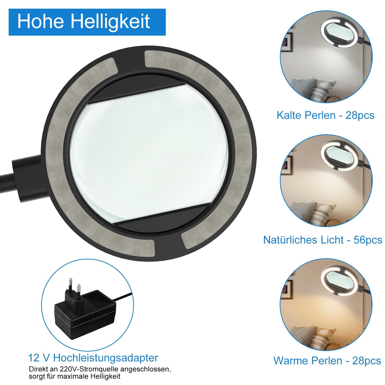 Lupa do czytania ze światłem LED 56 diod, lampa stojąca ściemniana 3 tryby, 2 w 1