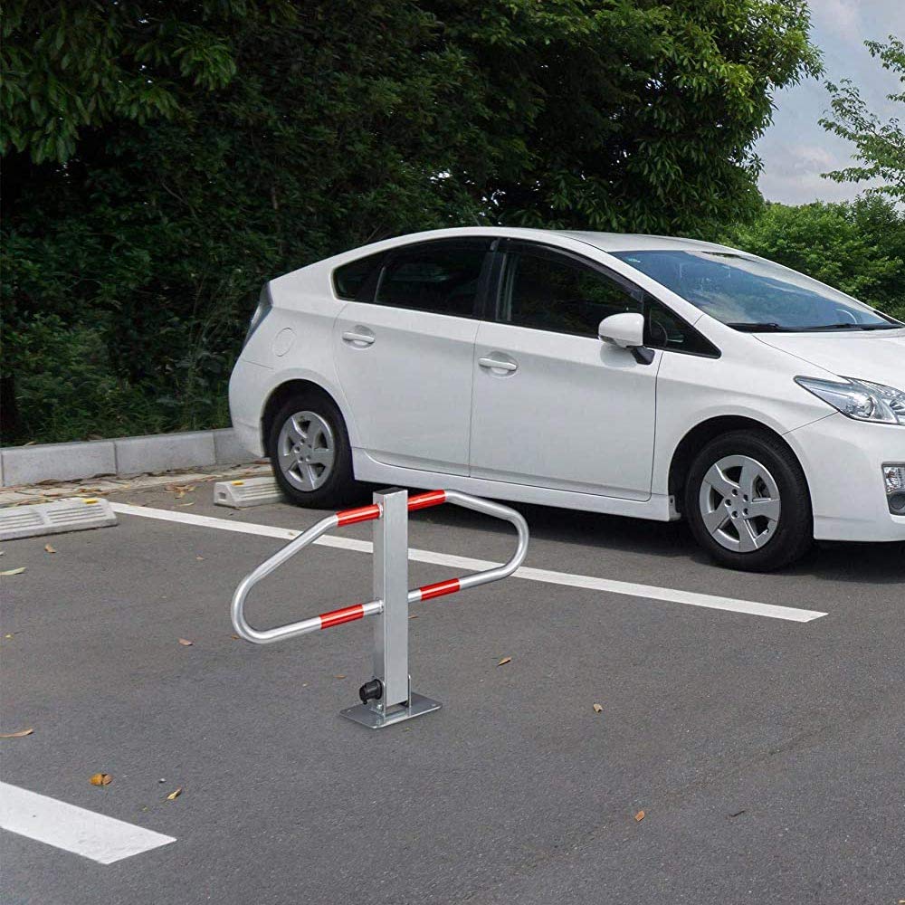Bakaji Barriera Barra Palo Dissuasore Anti Parcheggio Auto in Acciaio Ribaltabile Pieghevole con Chiusura di Sicurezza a Chiave e Strisce Catarifrangenti Facile da Installare 47 x 18 x 70 cm