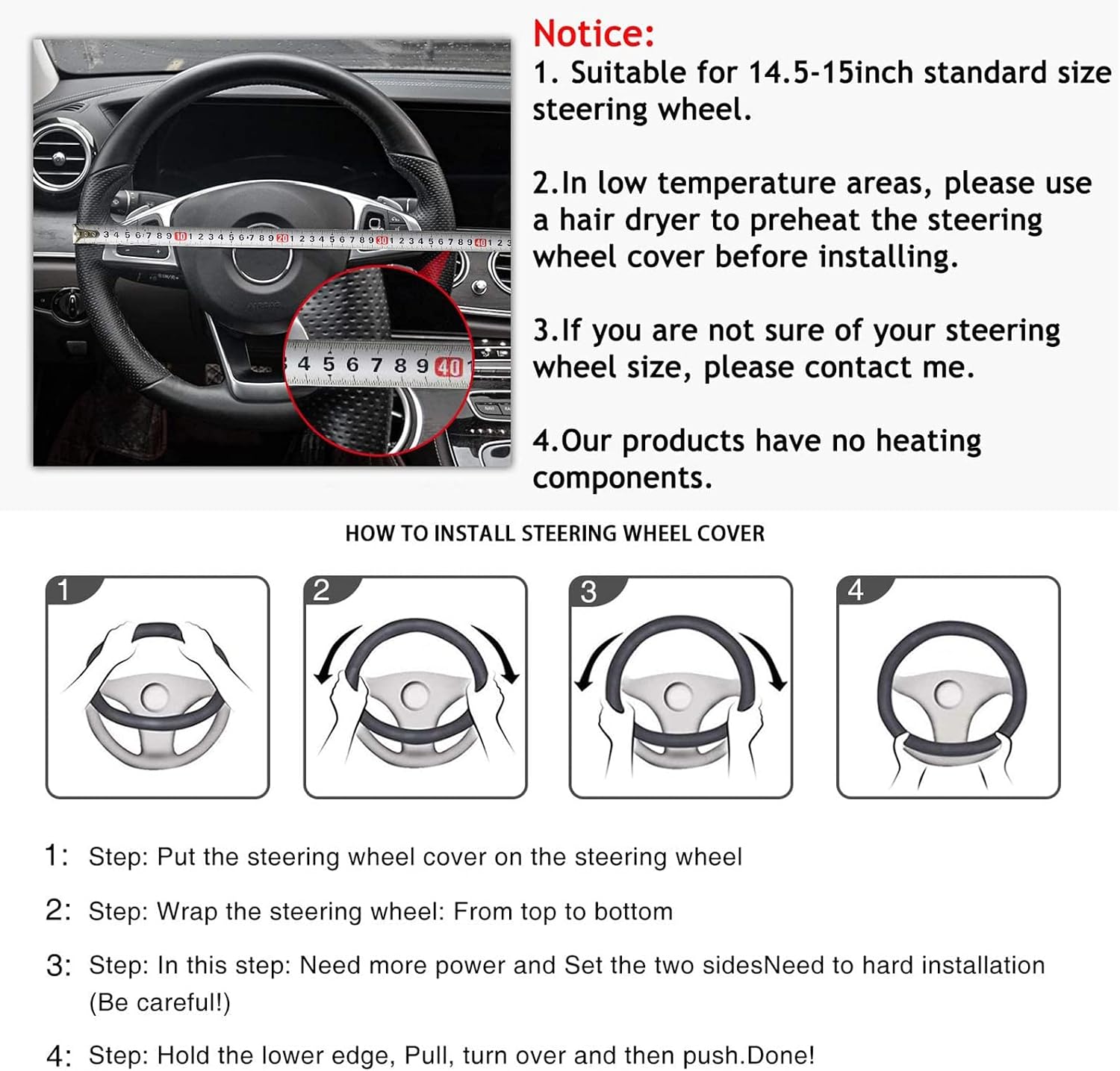 Steering Wheel Covers for Men Women Anti-Slip Microfiber Leather and Honeycomb Silk Auto Cars Interior Accessories Universal Fit 14 1/2-15 Inch (Black)