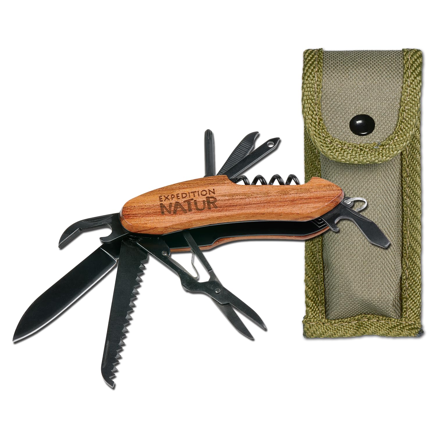 Expedition Natur Outdoor-Taschenmesser mit Holzgriff, 9 in 1 Multifunktionswerkzeug, für Camping und Outdoor, für Kinder ab 8 Jahren, Schwarz-Braun