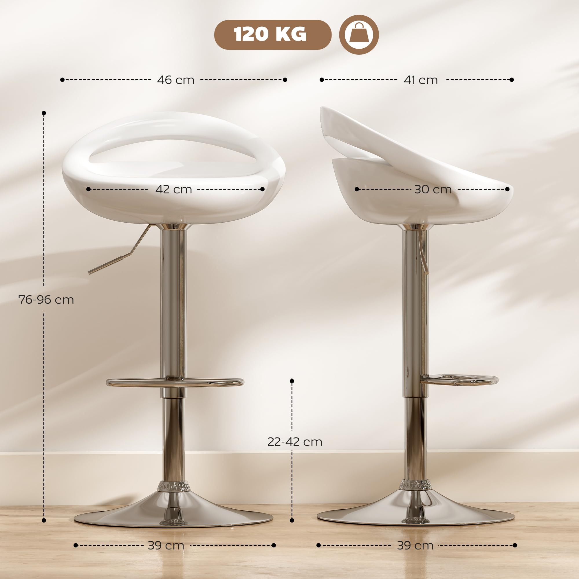 HOMCOM Set 2 Sgabelli da Bar Alti, Sgabelli Girevoli a 360°, con Schienale e Poggiapiedi, Altezza Regolabile, Base in Acciaio, per Sala da Pranzo e Cucina, 46x41x76-96cm, Bianco