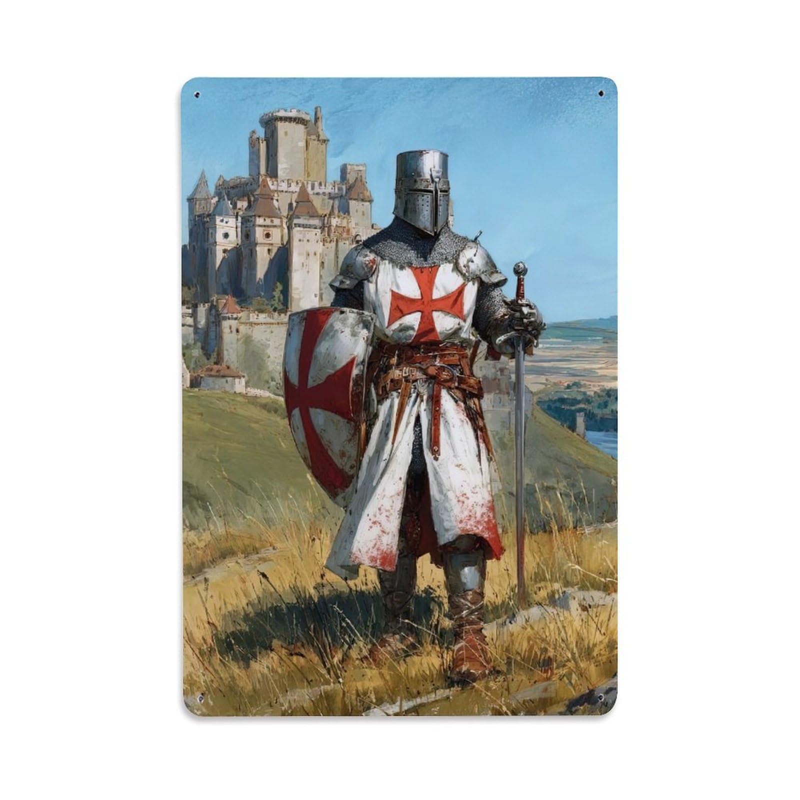 Crusader Religious Sacred Light Templar Knight Prayer Guide Metal Tin Sign Plaque Wall Decor for Cafe, Man Cave, Club Bar, Office, Home Garden Round Metal Poster 8x12Inch
