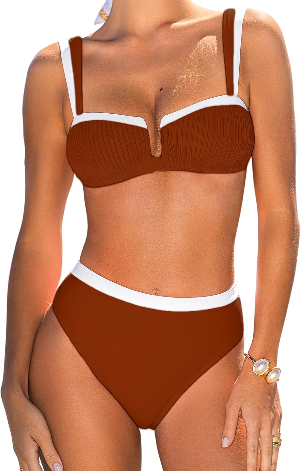 ZAFUL Women Color Block Bikini Sets Cheeky High Cut 2 Piece Swimsuit U-Wire Cutout Bathing Suit