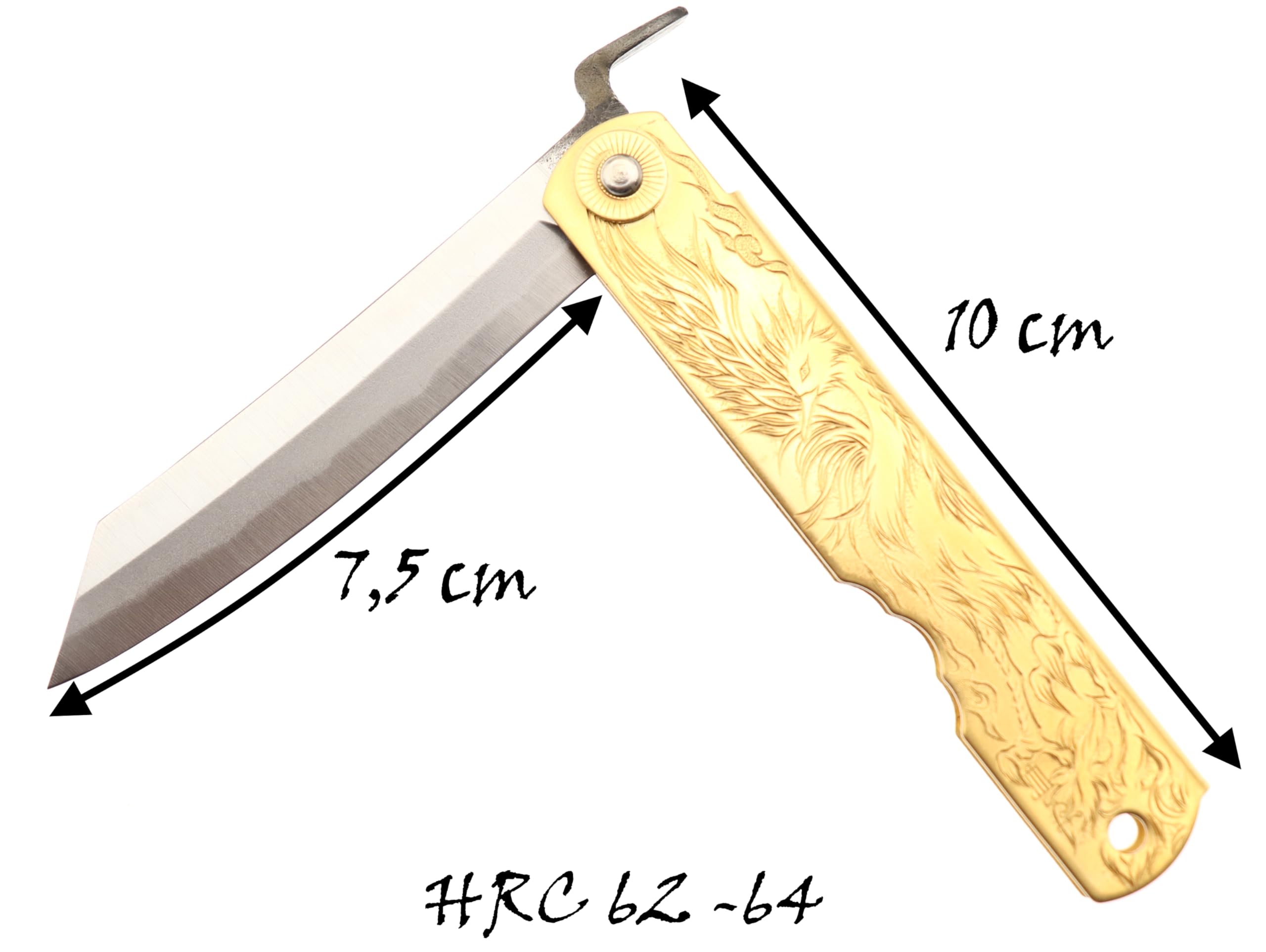 HIGO NO KAMI Klappmesser, Serie Holy Beasts von Nagao Kanekoma, Griff aus Graviertem Messing und Klinge aus Blauem Warikomi-Stahl mit Hohem Kohlenstoffgehalt, HRC 62–64 (Vermillion Bird)