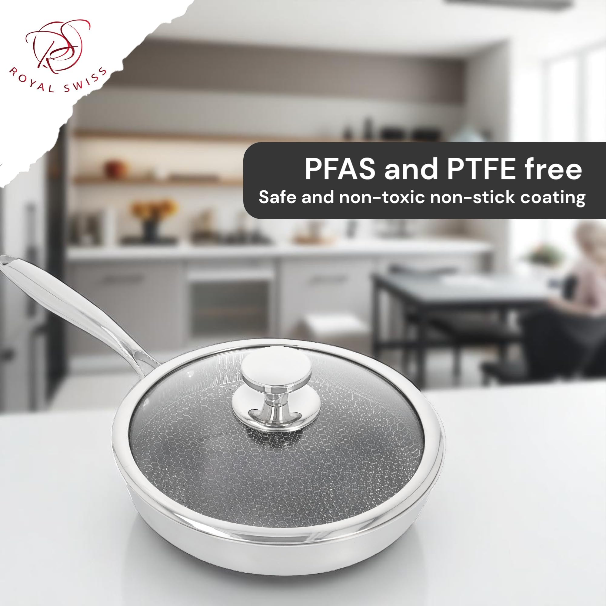 Royal Swiss Casserole en acier inoxydable Triply de 28 cm avec revêtement en nid d'abeille – Convient pour l'induction, antiadhésive et sans PFOA – Couvercle en verre résistant à la chaleur (poêle à