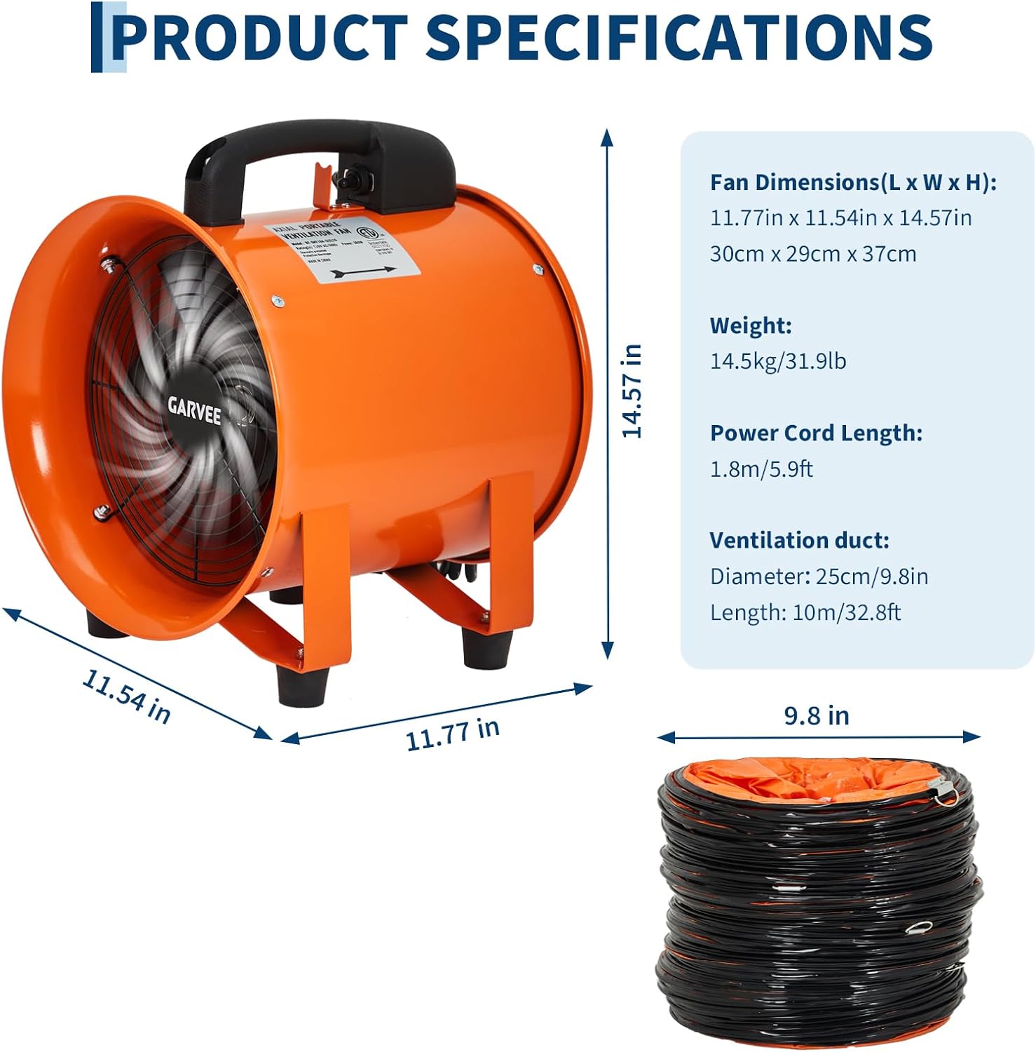 10 Inch Air Mover Blower Fan, Portable Industrial Exhaust Fan with 32.8 ft Flexible Duct Hose, 2000 CFM Low-Noise Utility Blower Fan/Extractor/Ventilator for Basements, Workshops, Warehouses