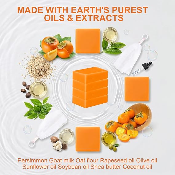 FunnAura 4 Pcs Persimmon Soap, Handmade Persimmon Soap with Foaming Nets for Women Men with Coconut Oil Strong Odor Smell