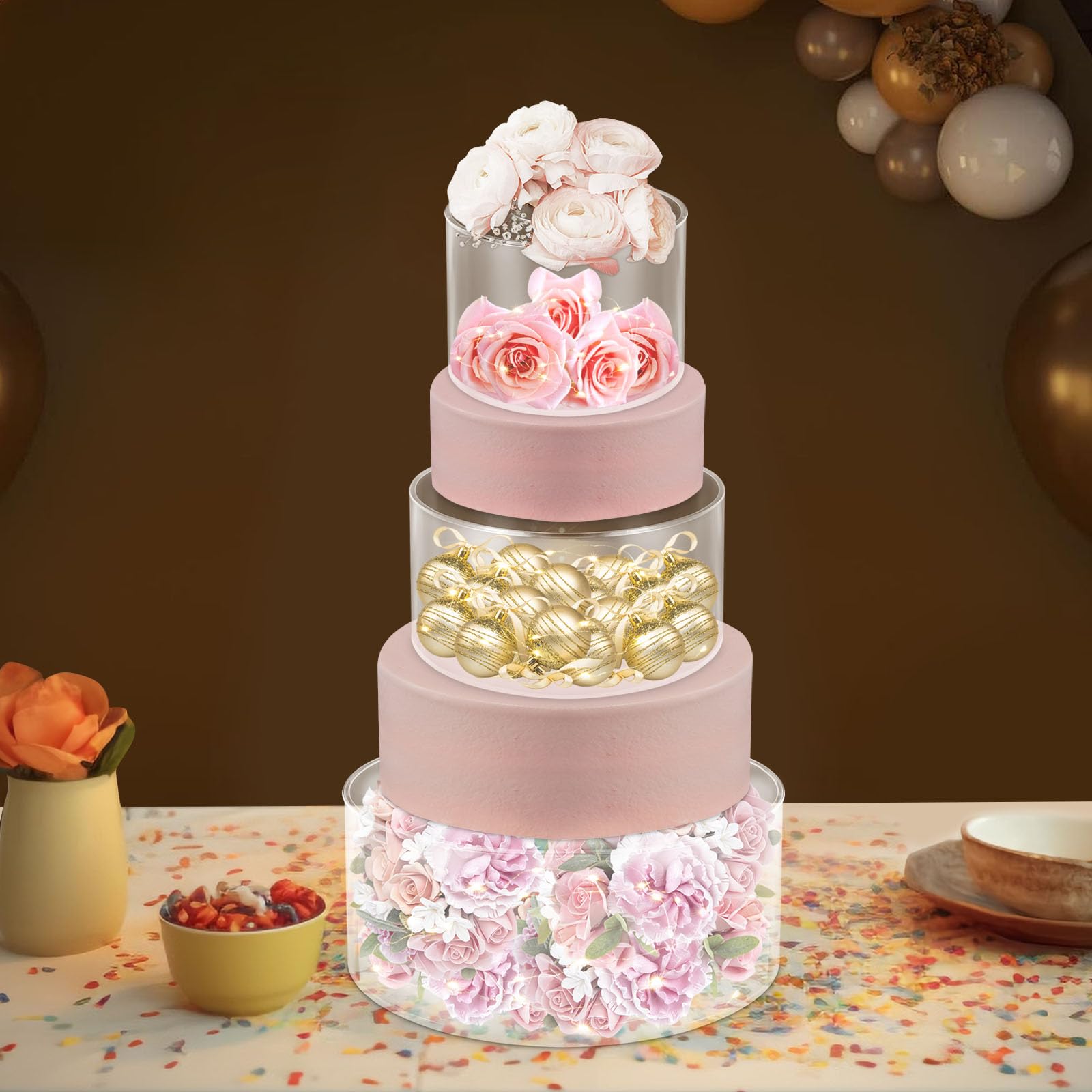 Lot de 3 supports à gâteaux en acrylique transparent avec bandes lumineuses LED pour mariage, anniversaire, fête