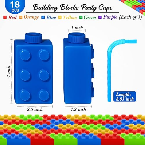 Miniatura 7 de Vasos de bloques de construcción de 10 onzas reutilizables para fiesta de ladrillo para niños, tazas de plástico para fiestas con tapas y pajitas