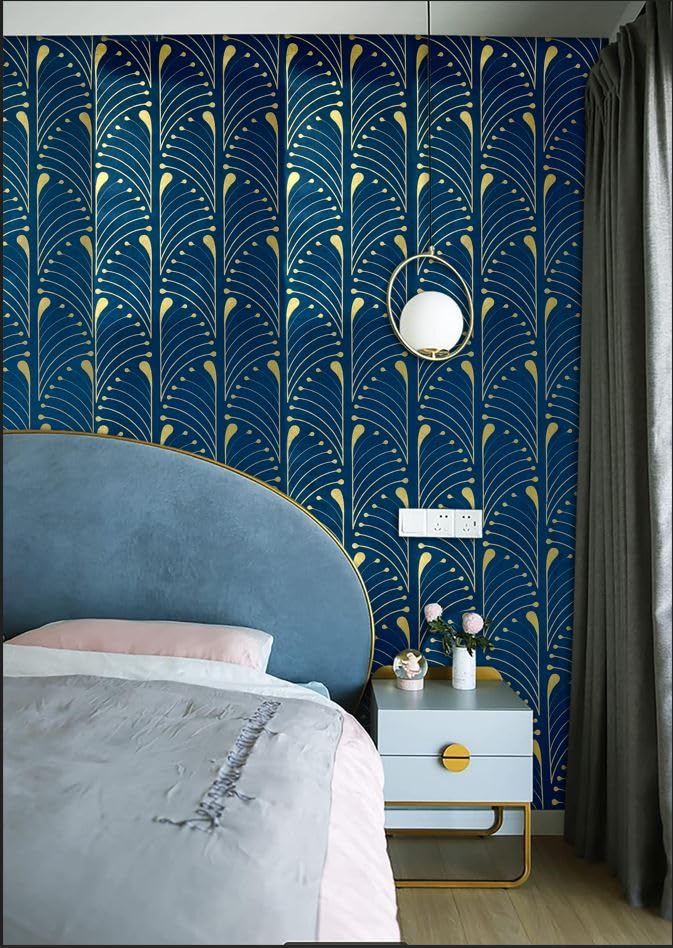 Image of Veki Luxury Floral & Botanical Geometric Wallpaper Mural - Waterproof, Moisture-Proof, Self-Adhesive PVC Wall Sticker for Home & Hotel Decoration (45cm x 300cm) (Blue Curve)